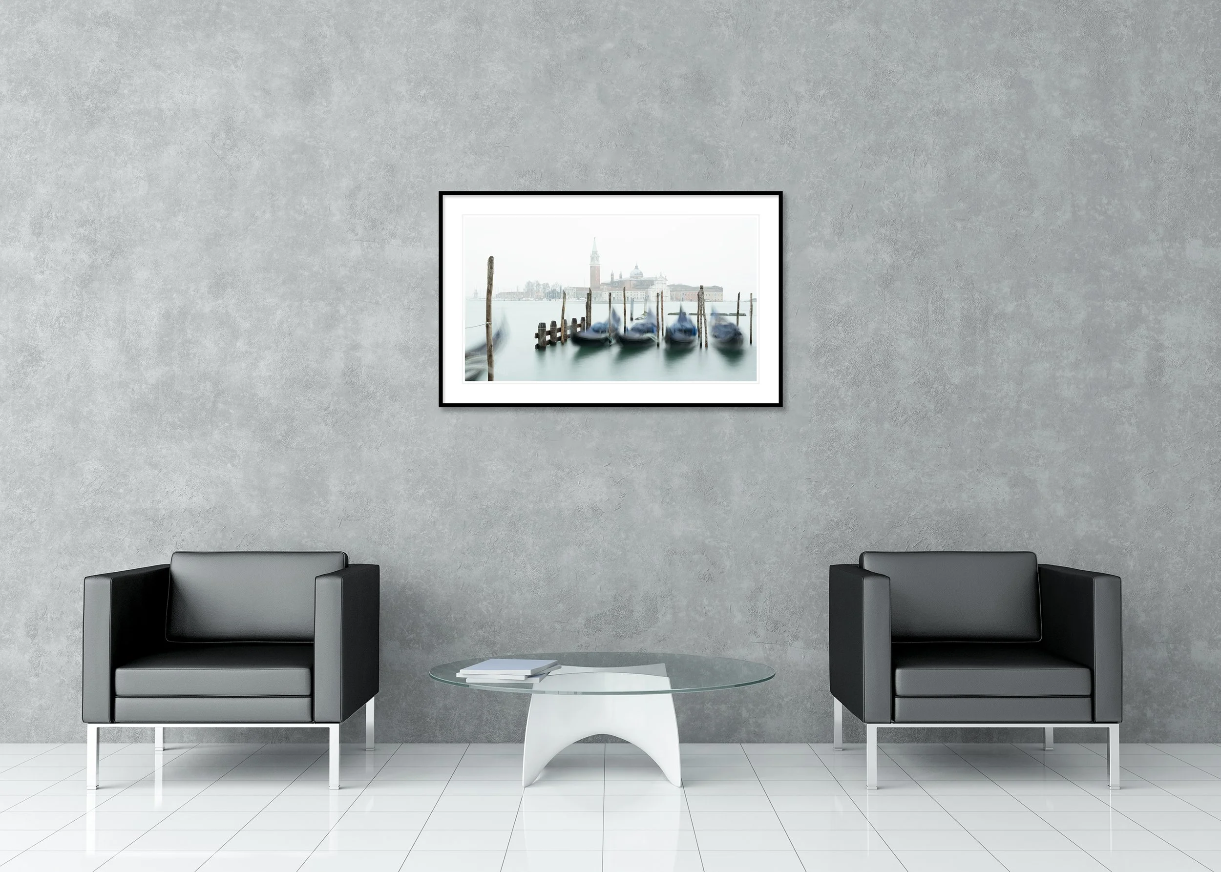 Gondolas and the Church of San Giorgio Maggiore – Venice, colour archival pigment print in an aluminium frame with a white mount.