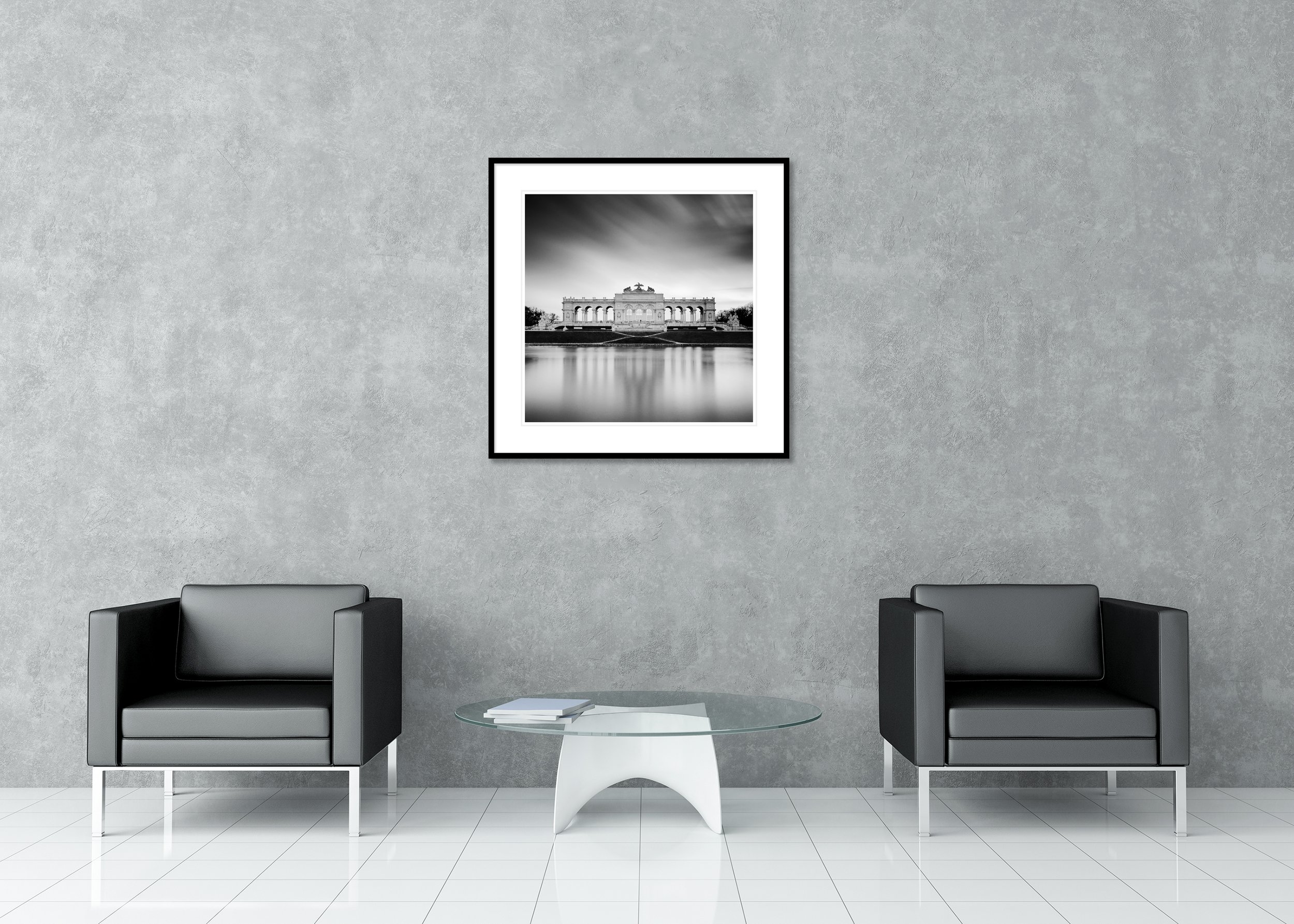 Gloriette Study 2 displayed in a modern interior as an archival pigment print in a black aluminium frame with a white mount by Gerald Berghammer.
