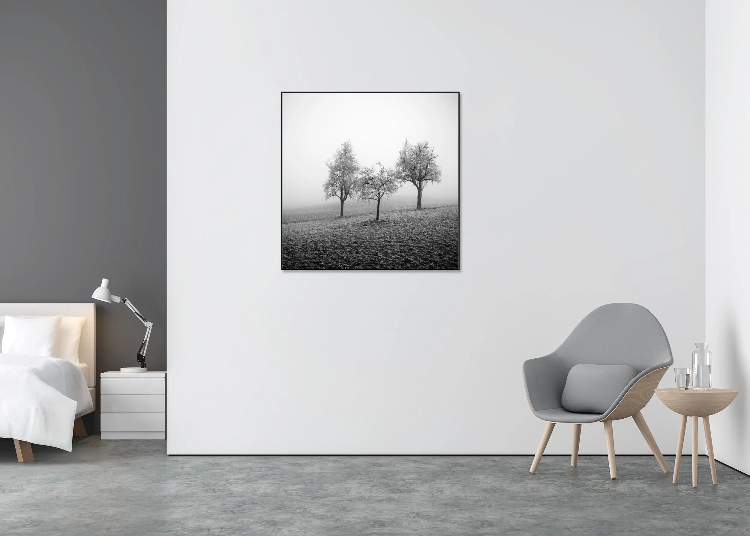 Three frost-covered trees in a foggy winter field, minimalist black-and-white landscape photograph – ChromaLuxe metal print, aluminium ArtBox.