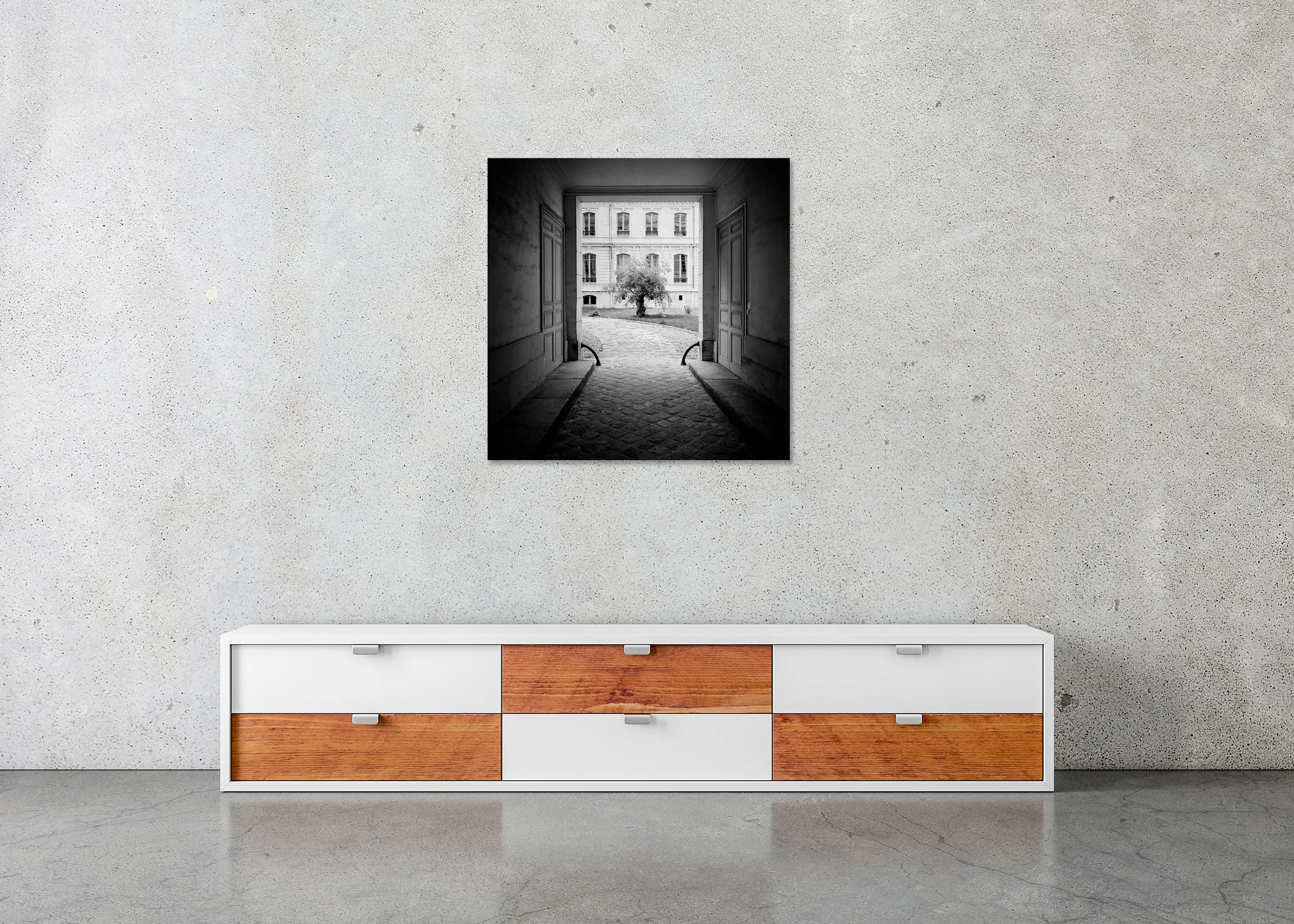 Tree in the Courtyard displayed in a modern interior as a frameless aluminium Dibond print by Gerald Berghammer.