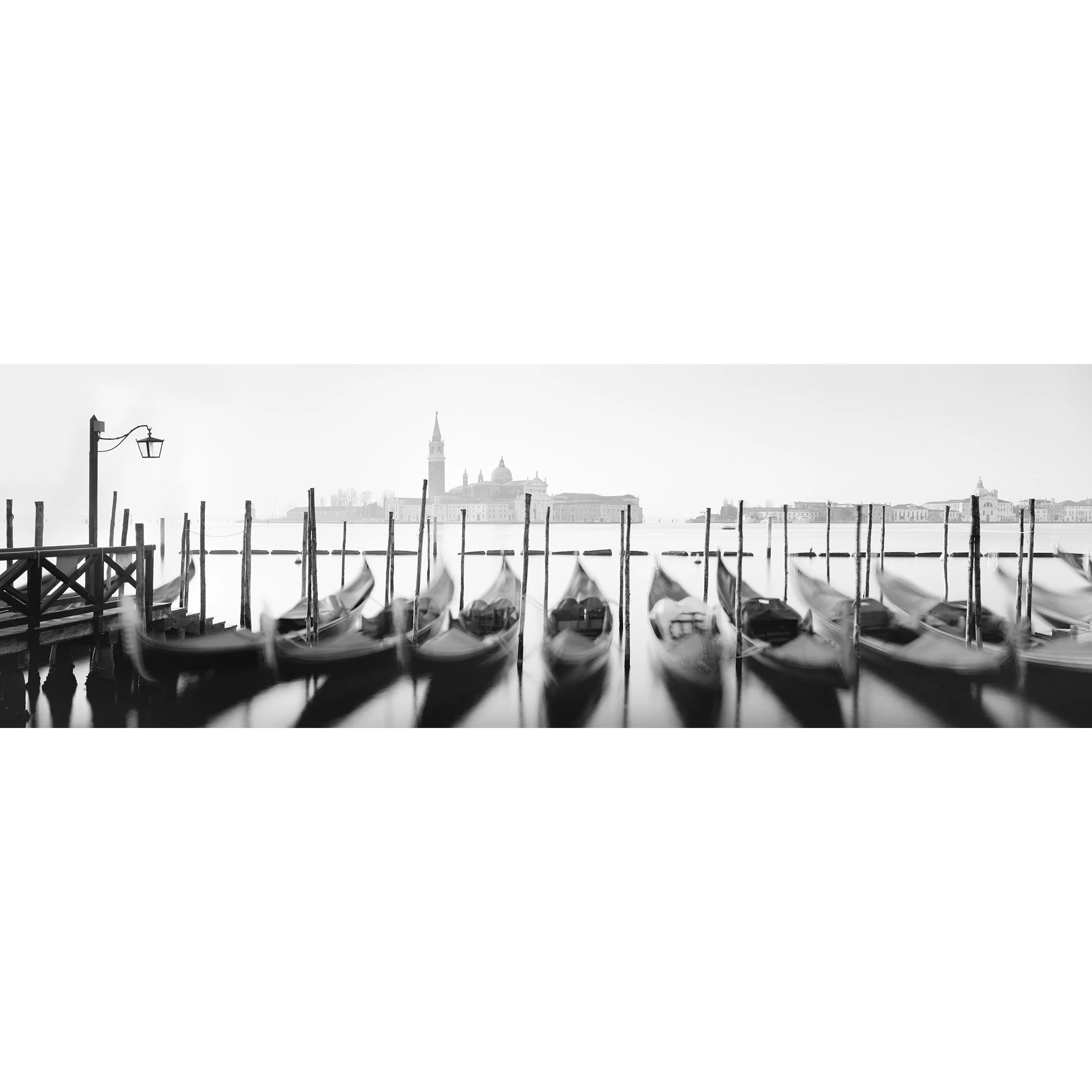 Twelve Gondolas by Gerald Berghammer, analogue black-and-white panorama of Venetian gondolas and the Basilica di San Giorgio Maggiore in Venice, Italy.