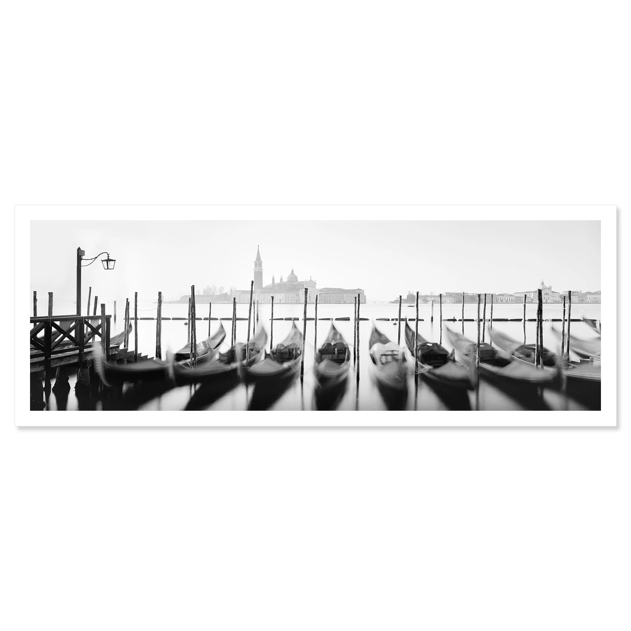 Twelve Gondolas by Gerald Berghammer, black-and-white panoramic fine art print with a white border, depicting gondolas in Venice, Italy.
