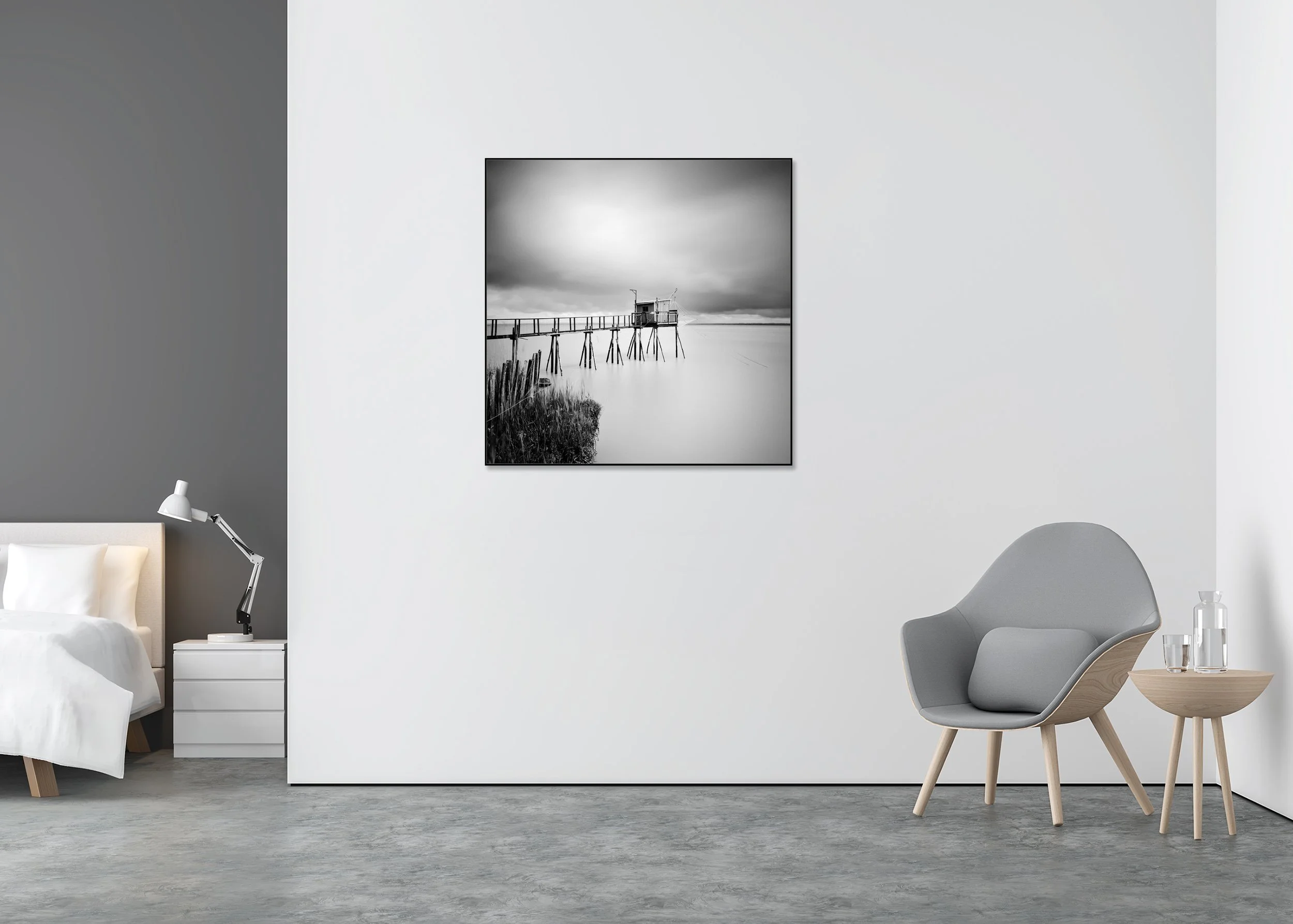 Stilt House PK 53880 displayed in a modern interior as a black-and-white Dibond print in a black aluminium ArtBox frame by Gerald Berghammer.