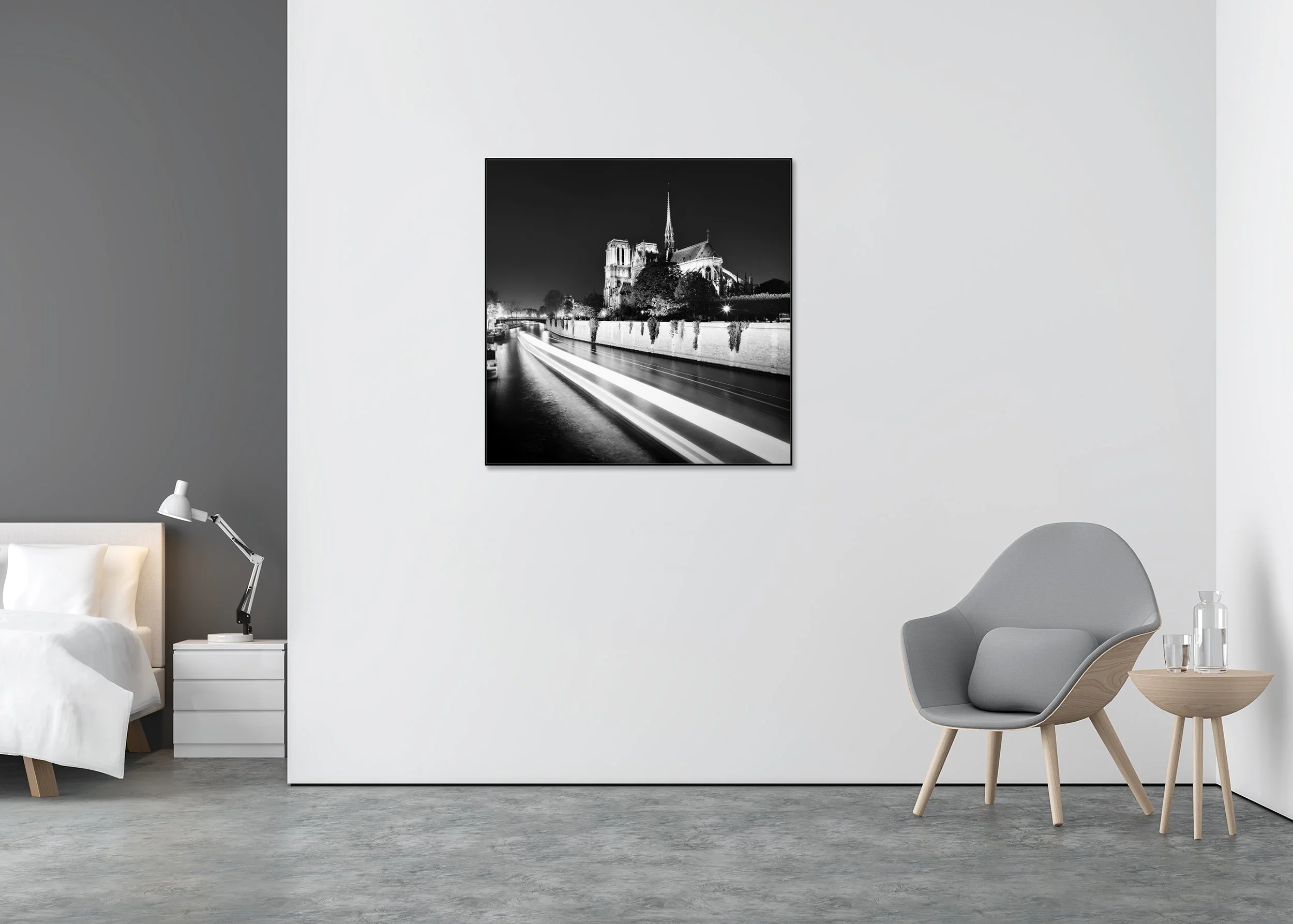 Notre-Dame Night Study 1 displayed in a modern interior as a black-and-white Dibond print in a black aluminium ArtBox frame by Gerald Berghammer.