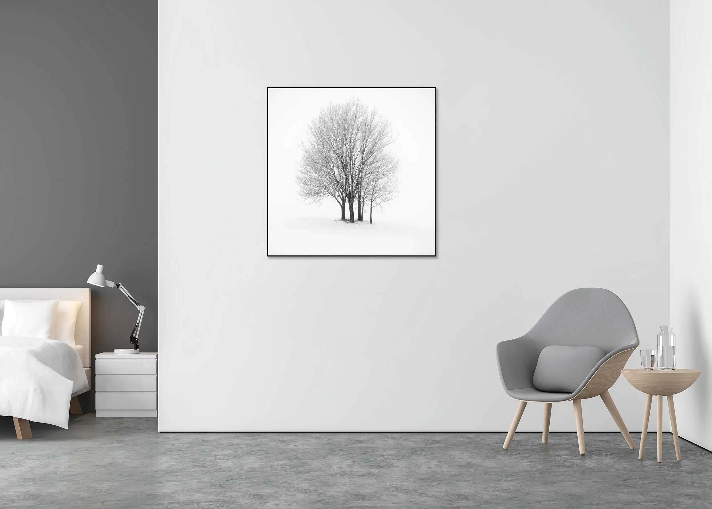 Five Minimalist Winter Trees in the Snow – Austria, black-and-white fine art print in a black aluminium ArtBox frame