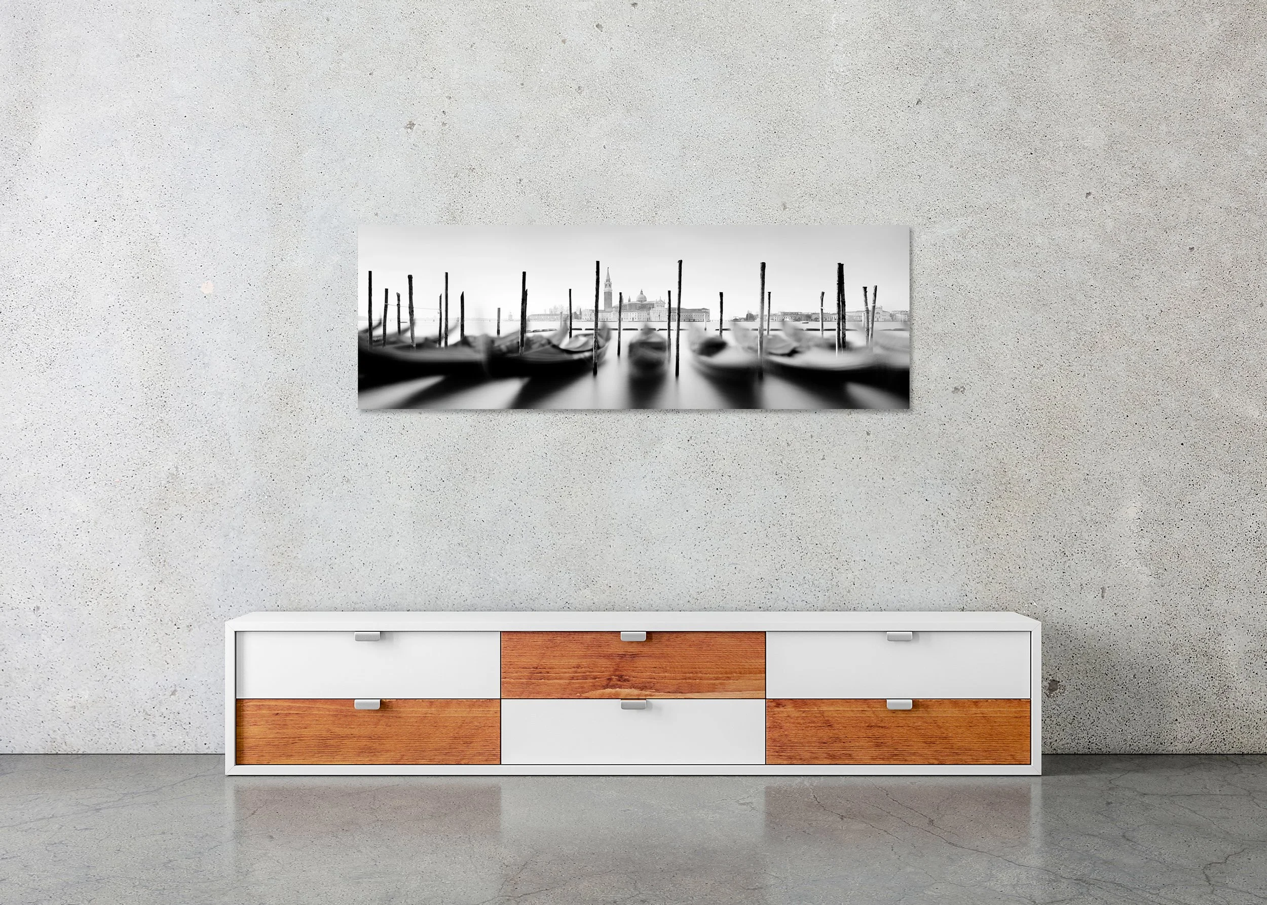 Basilica and Gondola Study 1 displayed in a modern interior as a frameless black-and-white Dibond print by Gerald Berghammer.
