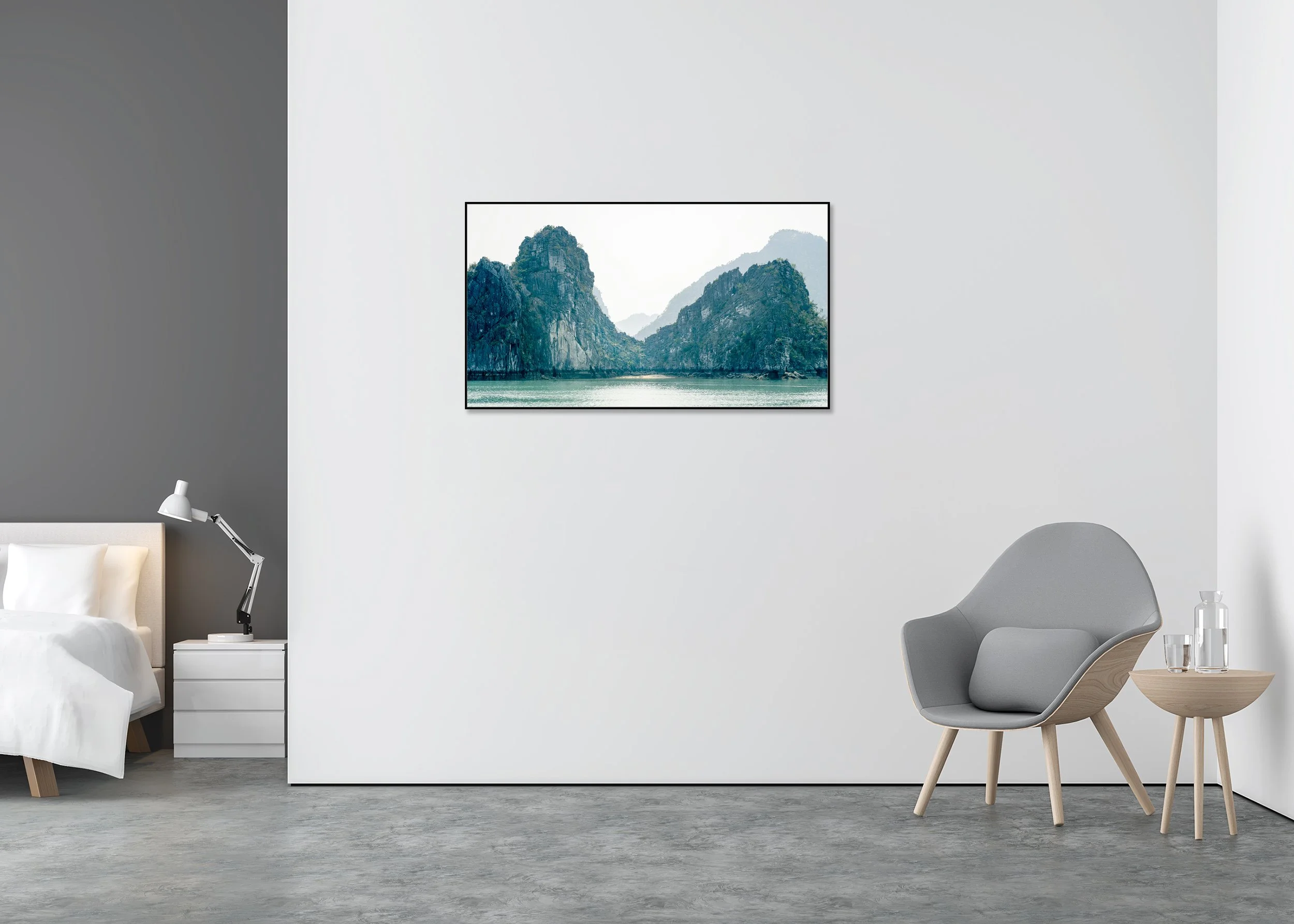 Hidden Beach and Green Hills – Ha Long Bay, Dibond print in a black aluminium ArtBox displayed in a contemporary bedroom.