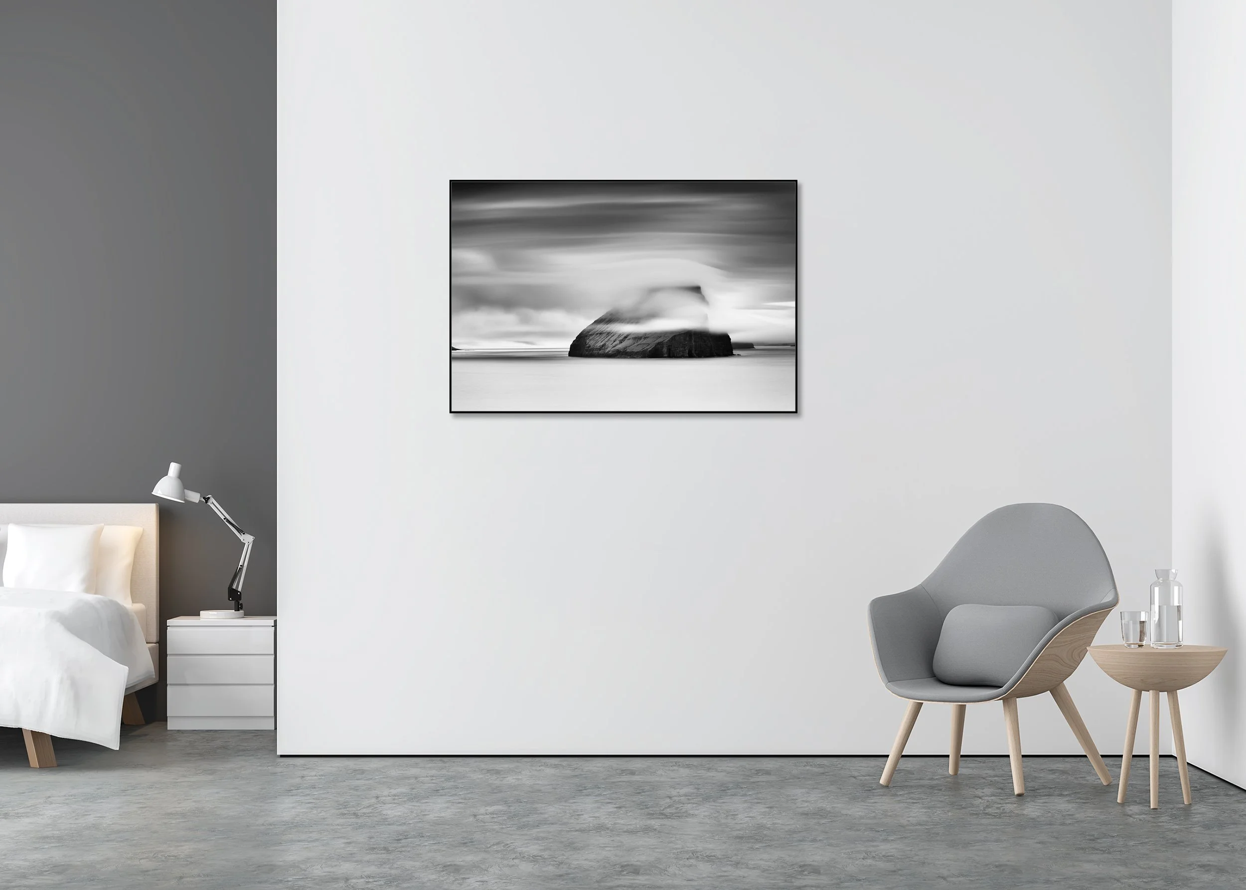 Black and white long-exposure print of an isolated sea stack in the Faroe Islands, mounted to Dibond in an aluminium ArtBox frame