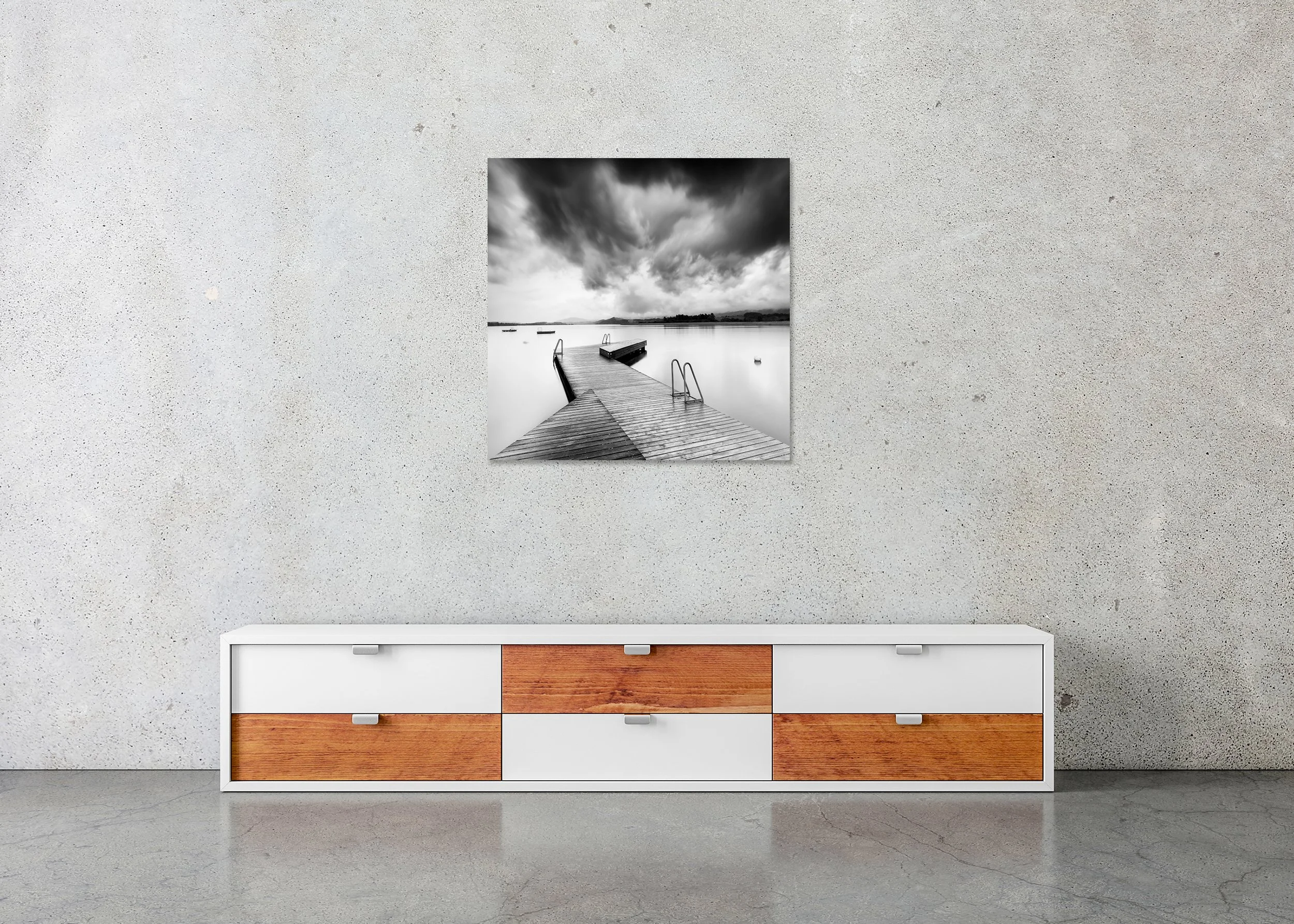 Wooden Pier in a Storm black-and-white photo print mounted on Dibond as a frameless wall display