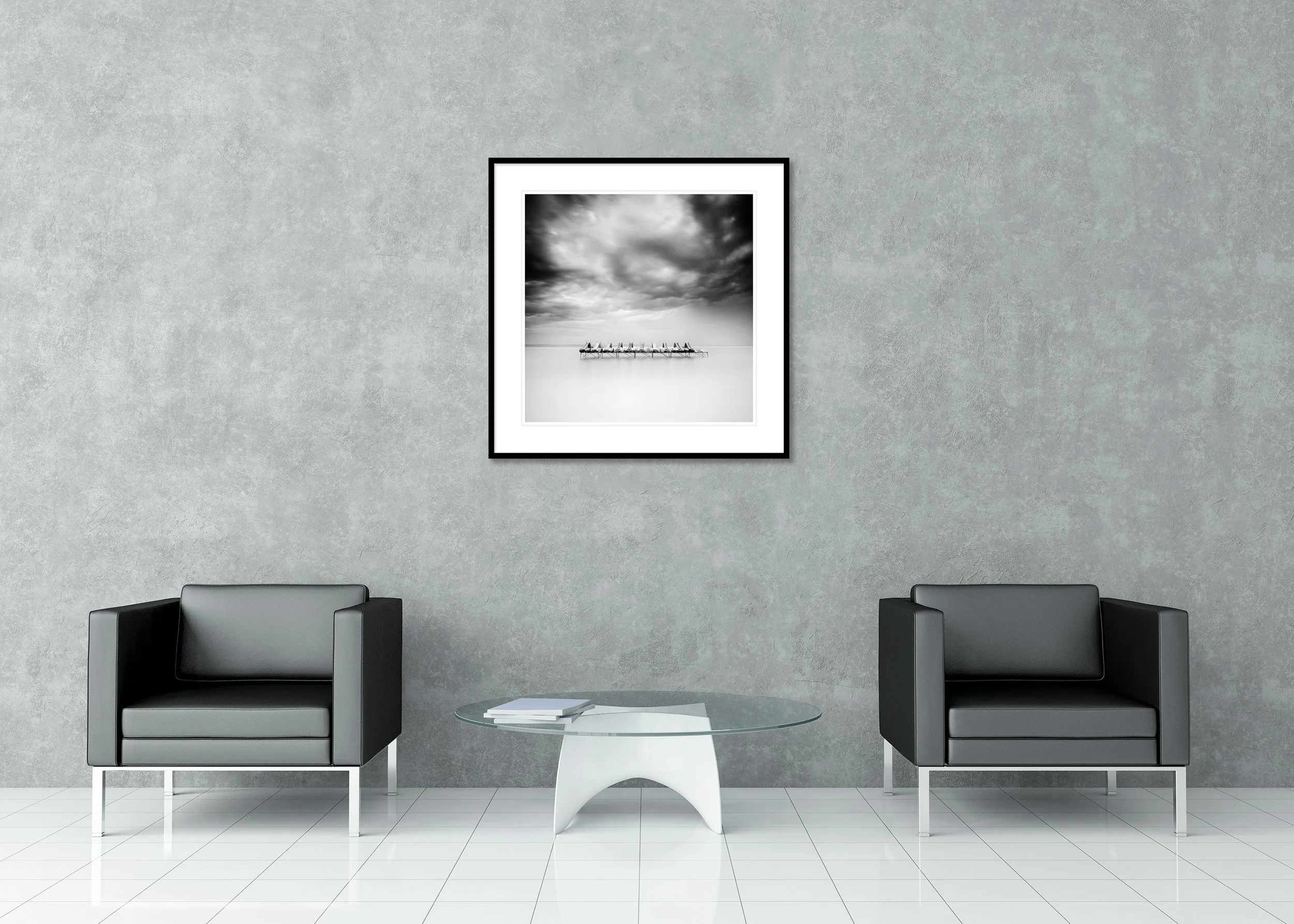 Pedal Boat Study 1, Balaton, black-and-white archival pigment print in an aluminium frame with white mount and anti-reflective glass