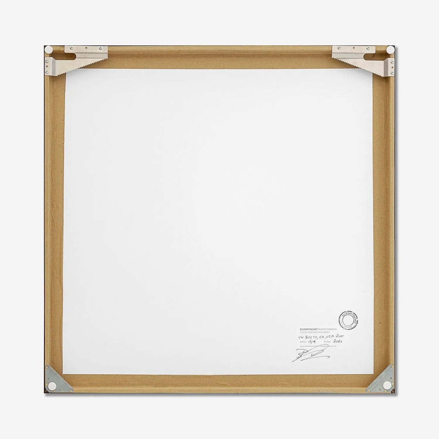 Reverse of the framed VW Bus T2 photograph by Gerald Berghammer, showing the wooden frame, backing and edition markings.