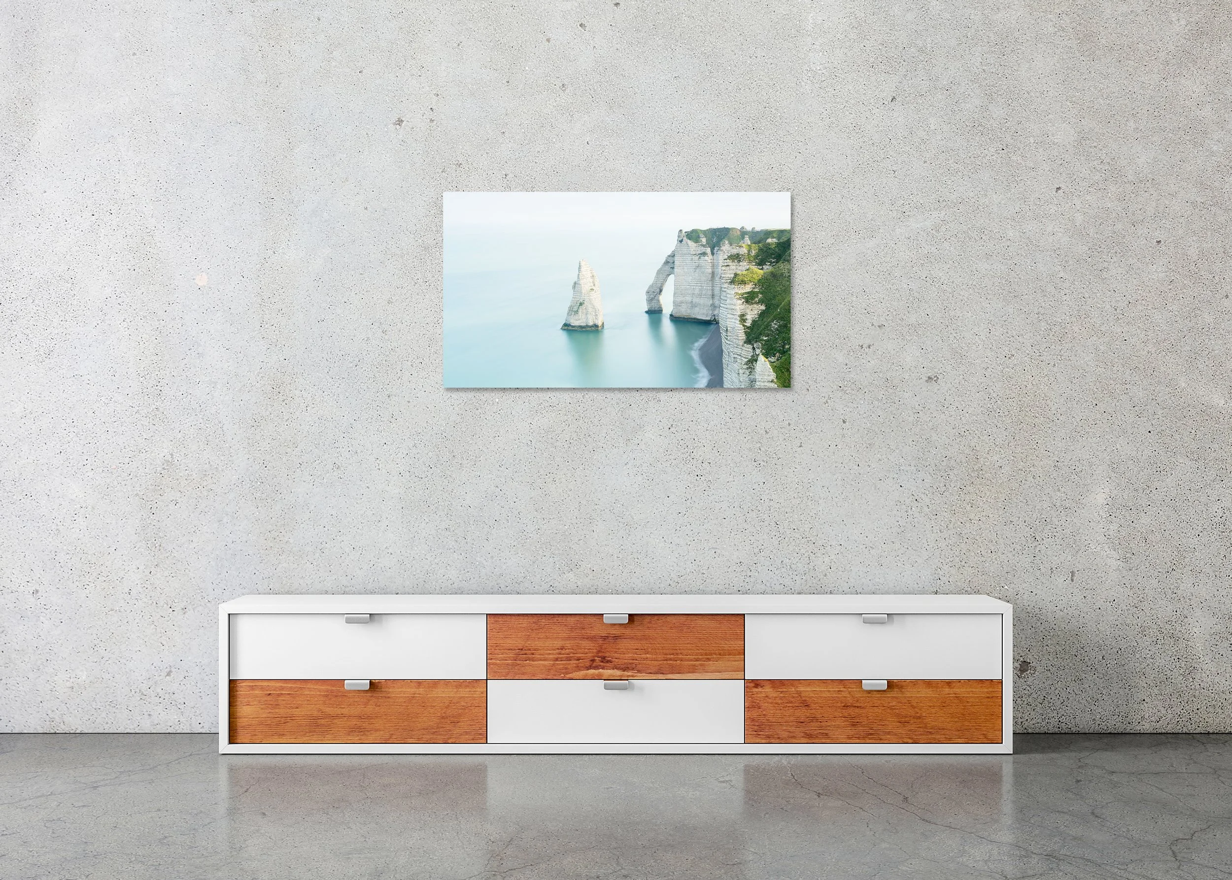 White Cliffs, Panorama Study 1 – frameless colour photograph mounted on aluminium Dibond and displayed above a sideboard. Photo by Gerald Berghammer.