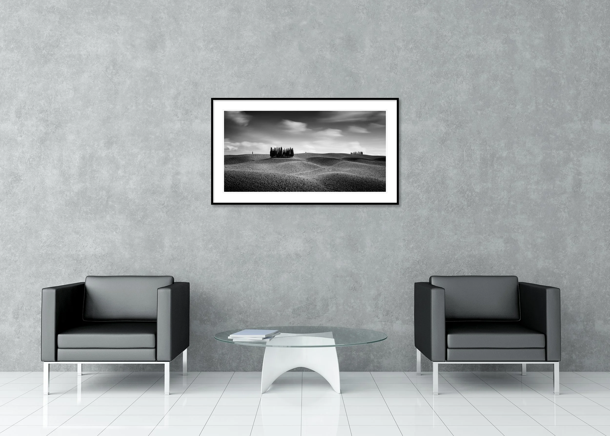 Cypress Hill Panorama Study 3 displayed in a modern interior as an archival pigment print in a black aluminium frame with white mount by Gerald Berghammer.