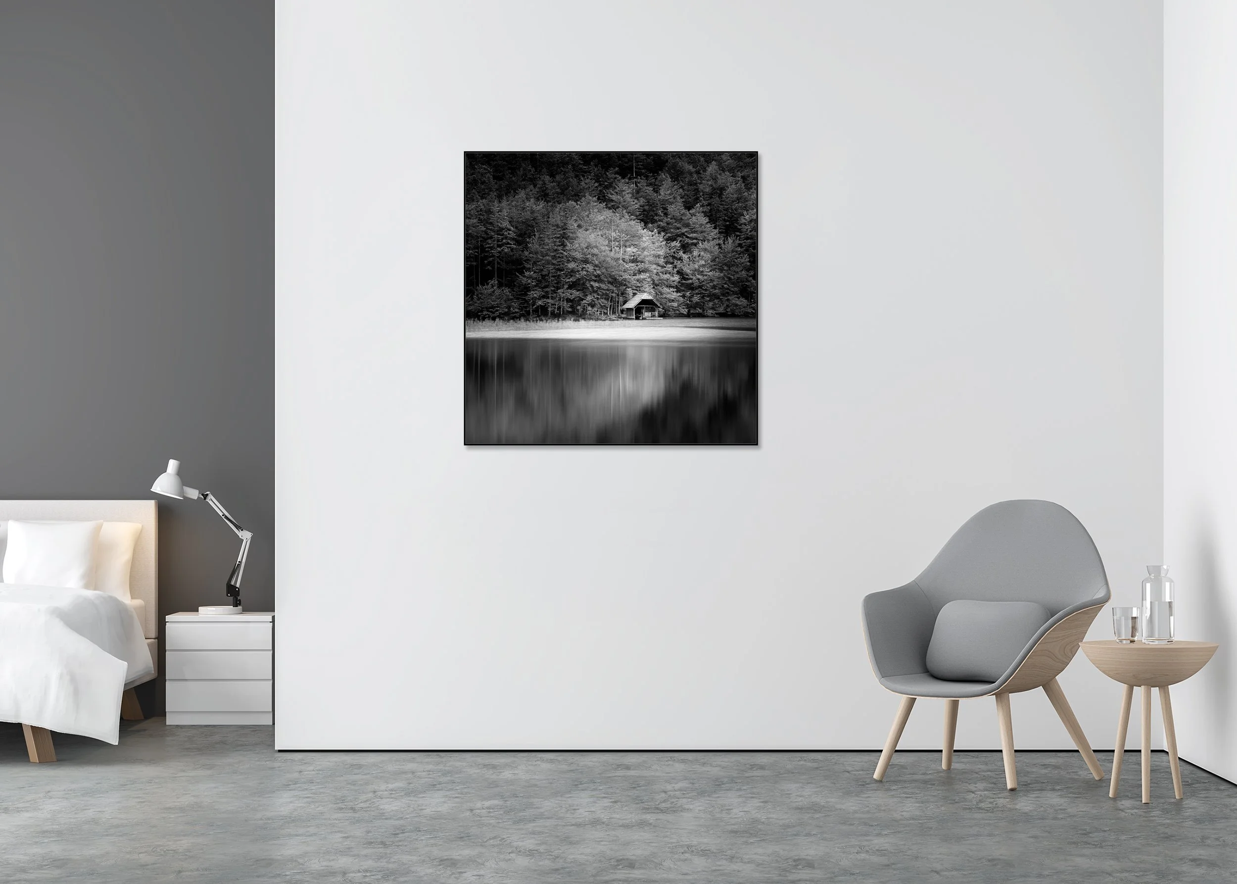 Wooden Boathouse, Study 2 – black-and-white Dibond print in an aluminium ArtBox displayed in a minimalist bedroom.