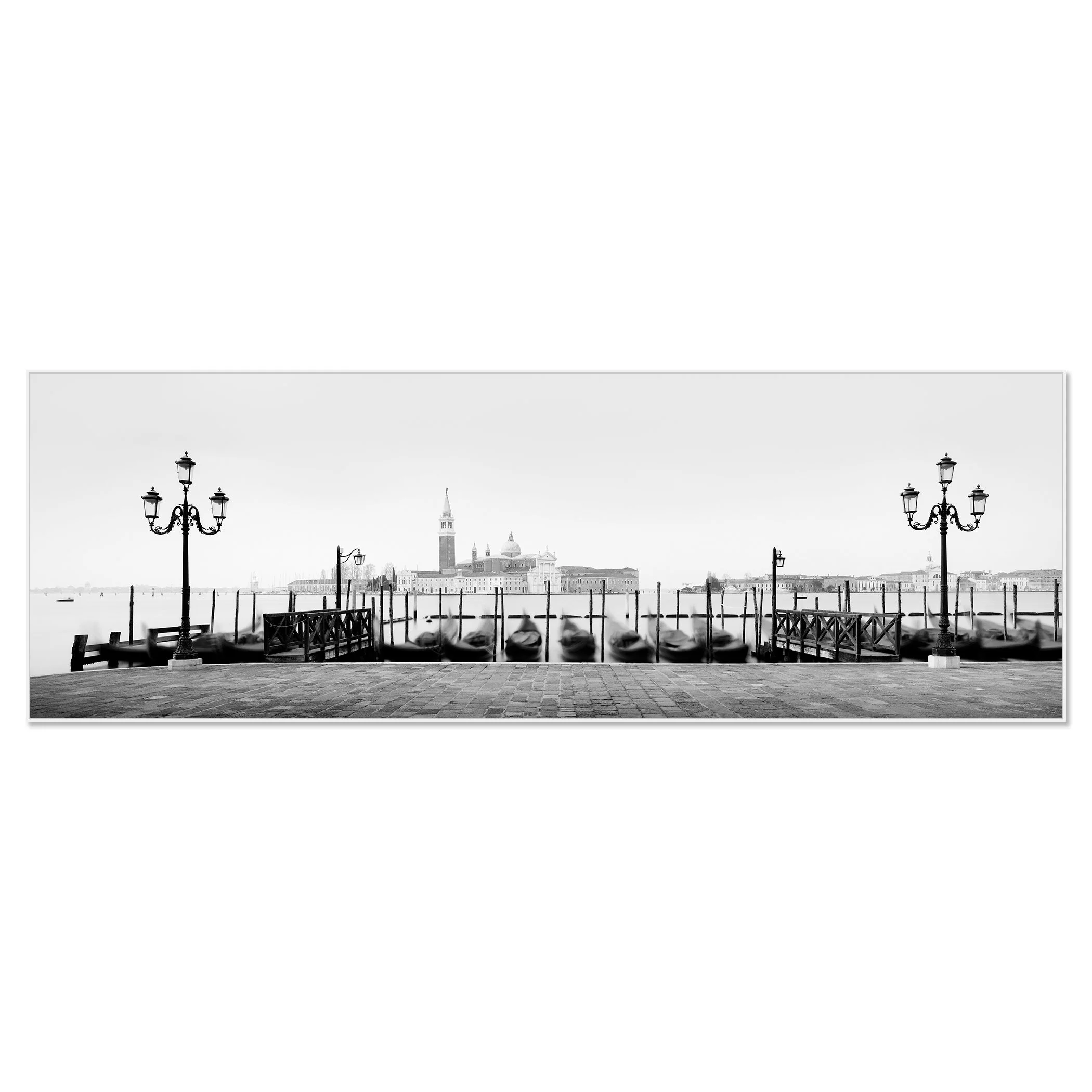 Minimal black and white Venice scene with gondolas, waterside lamps and San Giorgio Maggiore in the background – framed ArtBox white