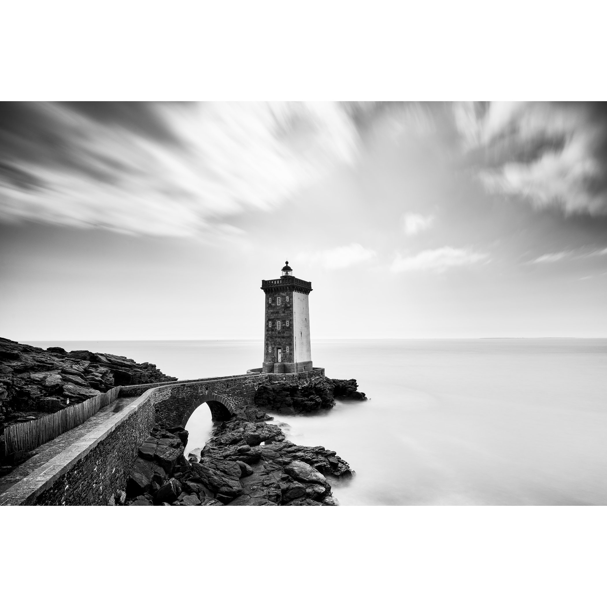 Lighthouse of Kermorvan by Gerald Berghammer, black-and-white long-exposure photograph of Kermorvan Lighthouse in Brittany, France.