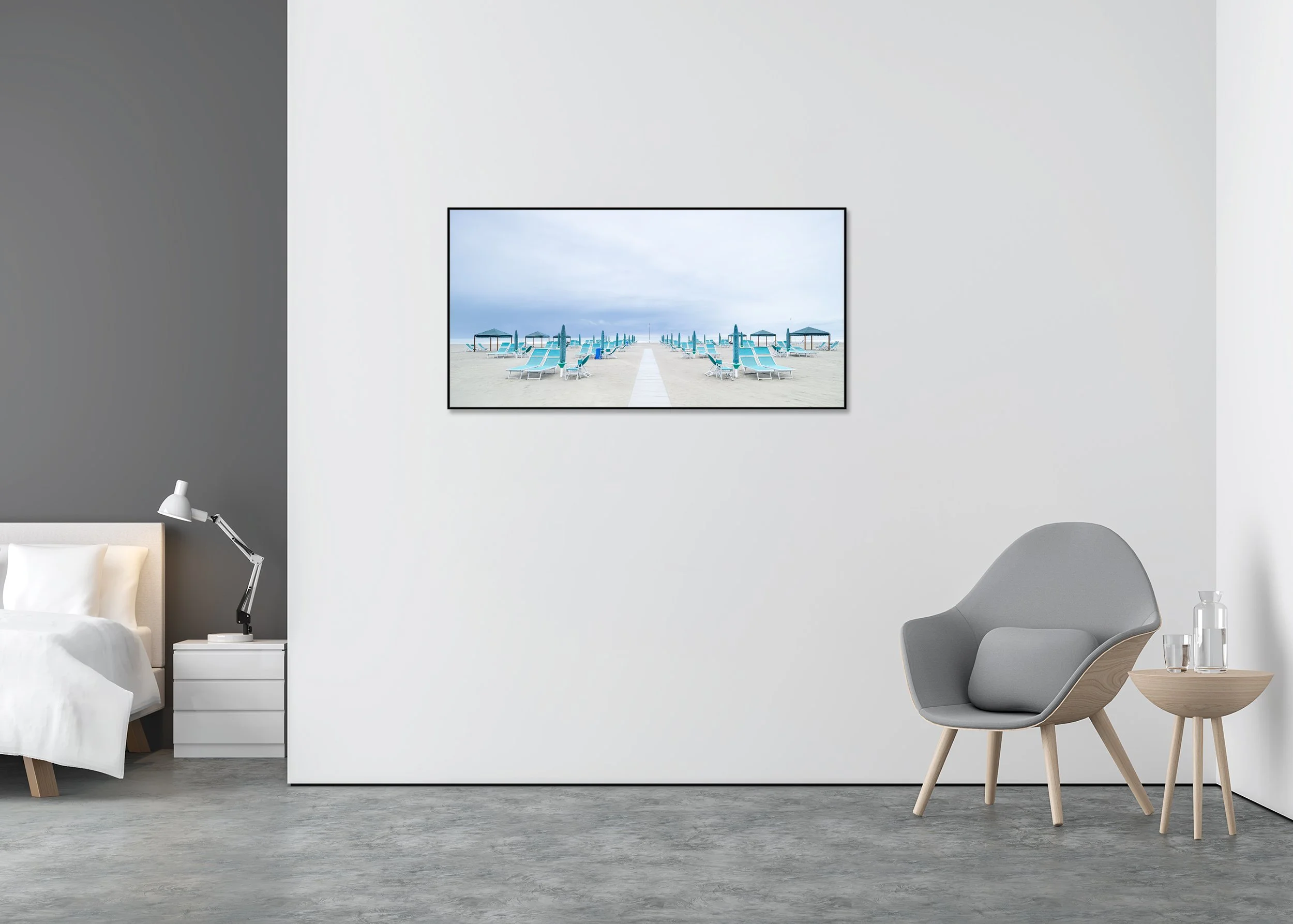 Sun Loungers on the Beach, Study 4 – colour photograph in a black aluminium ArtBox displayed in a minimalist bedroom.