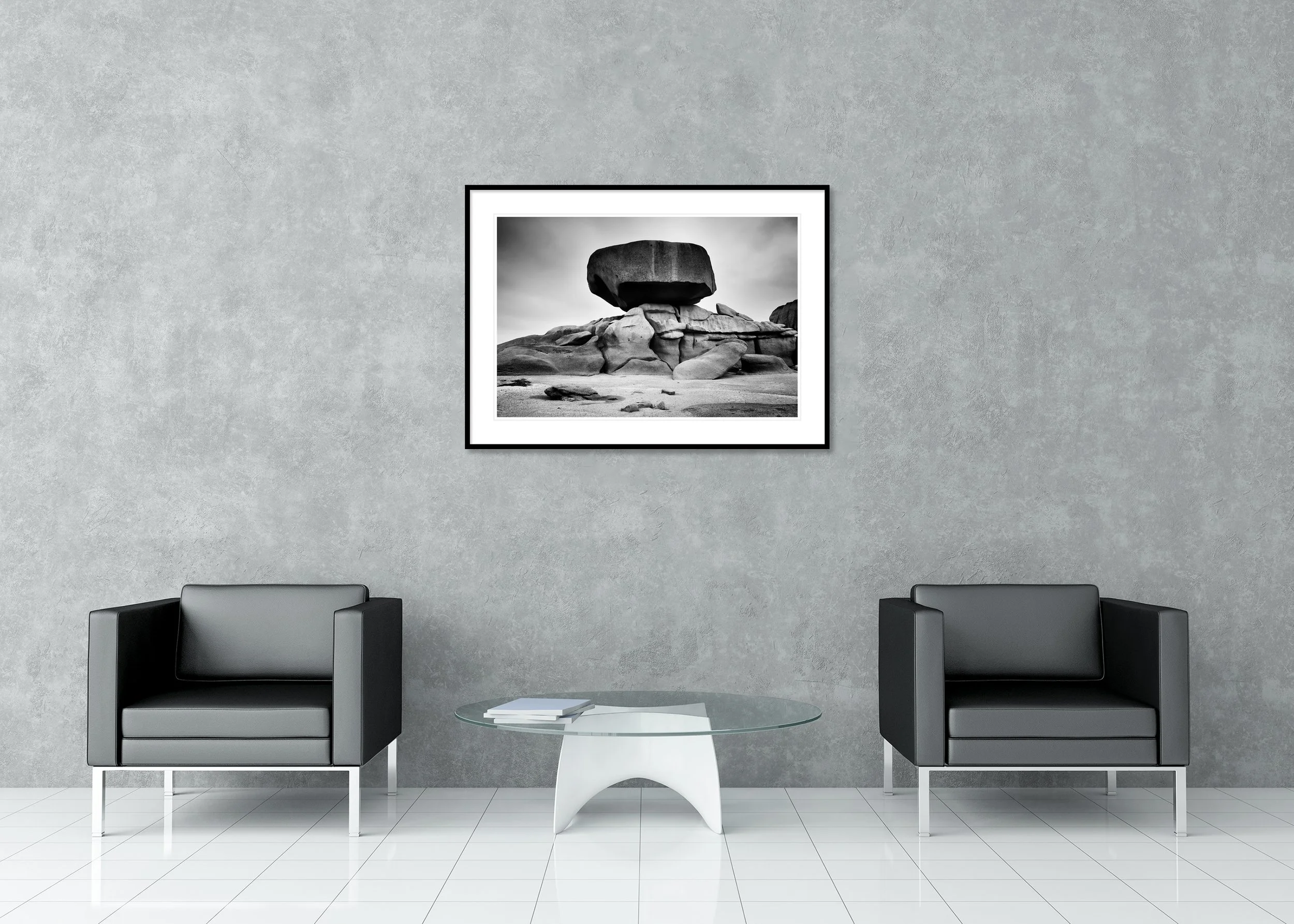 Pink granite coast rock formations in Brittany, France, abstract seascape archival pigment print classic frame with passe-partout