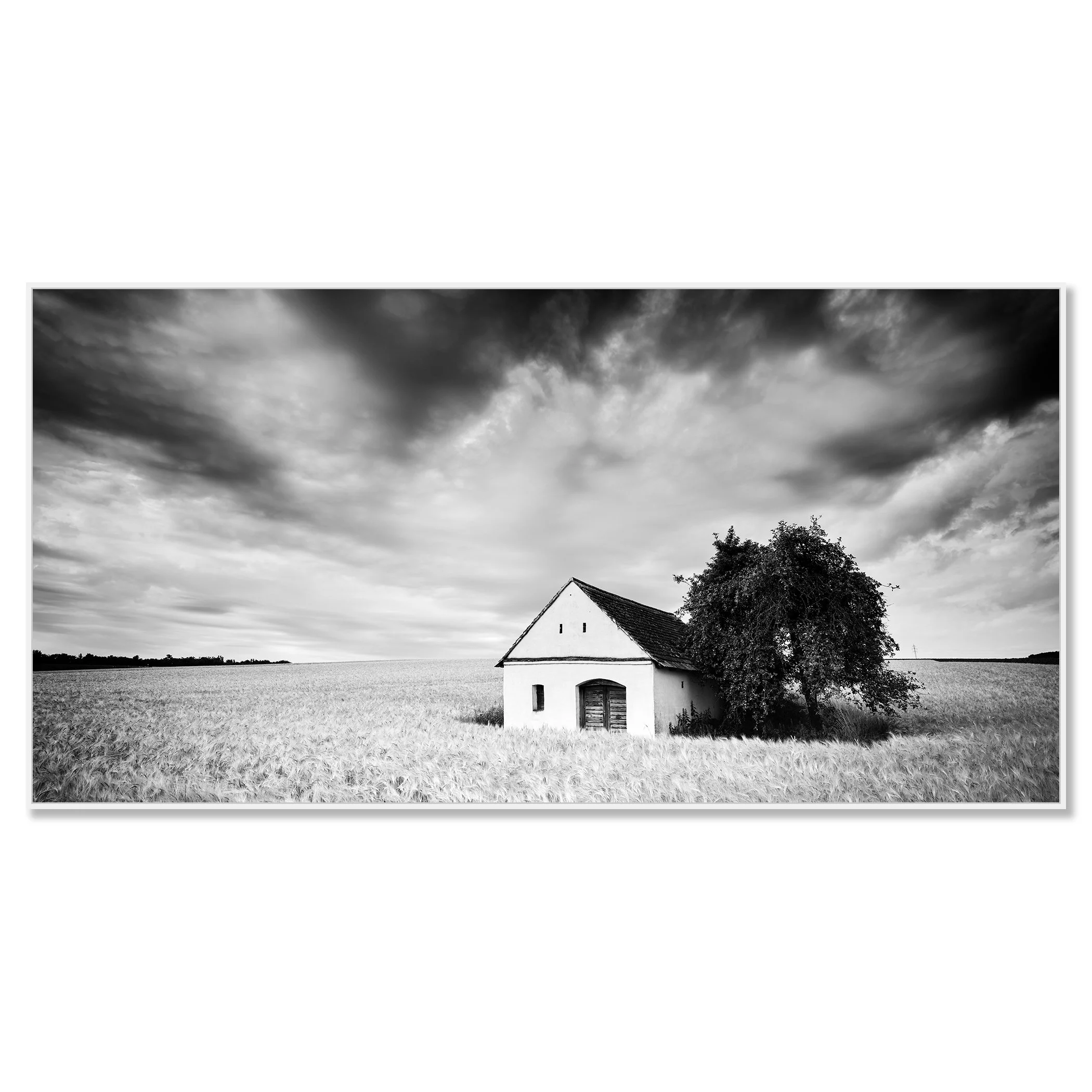 Wine Press House, Panorama Study 1 – black-and-white photograph in a white aluminium ArtBox. Photo by Gerald Berghammer.