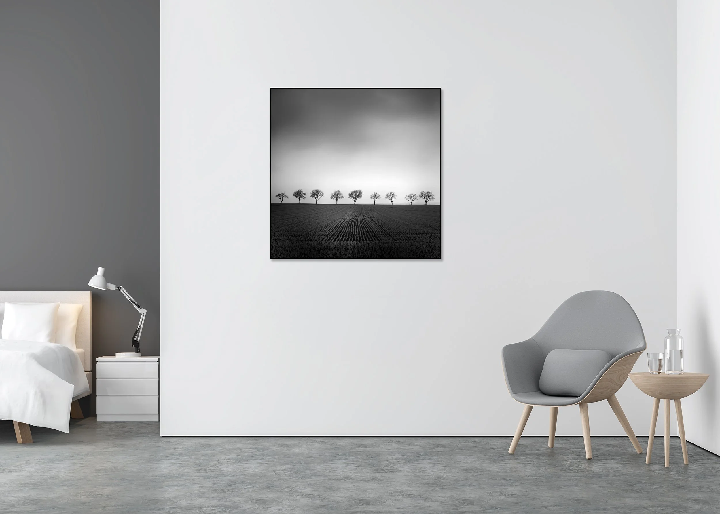 Nine Cherry Trees Study 2 displayed in a modern interior, mounted on aluminium Dibond in a black ArtBox frame by Gerald Berghammer.