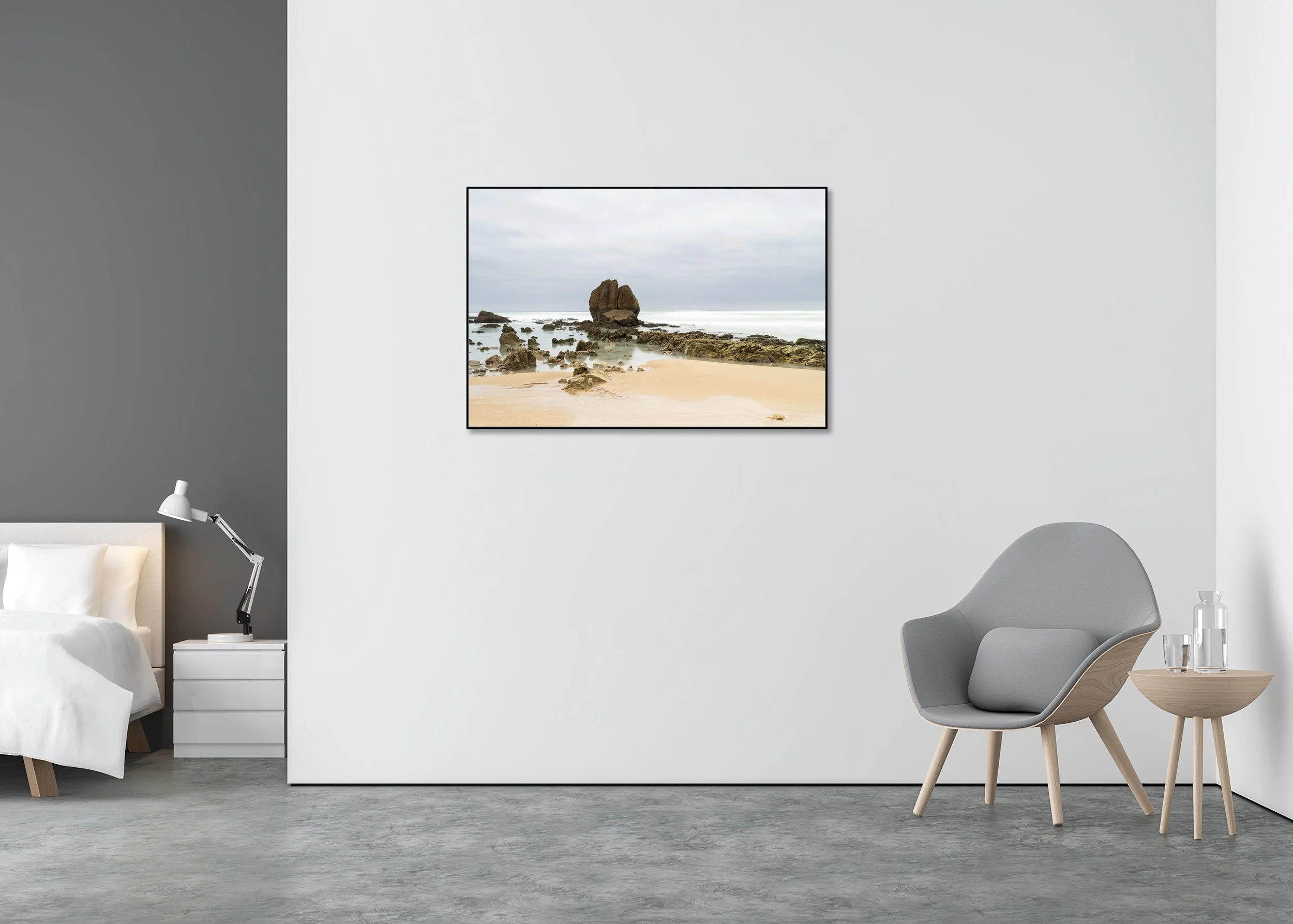 Rocks on the Shore, Study 3 – France, colour Dibond print in a black aluminium ArtBox displayed in a minimalist bedroom.