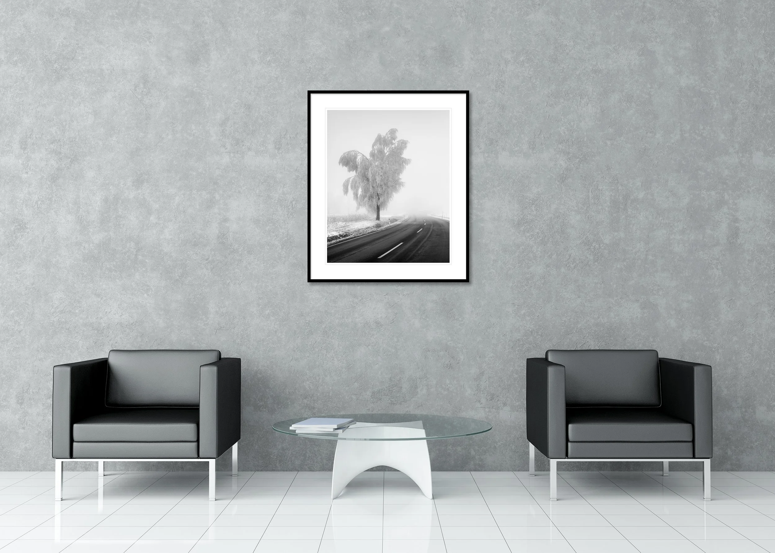 Frozen Birch Tree Study 2 displayed in a modern interior as an archival pigment print in a black aluminium frame with a white mount by Gerald Berghammer.