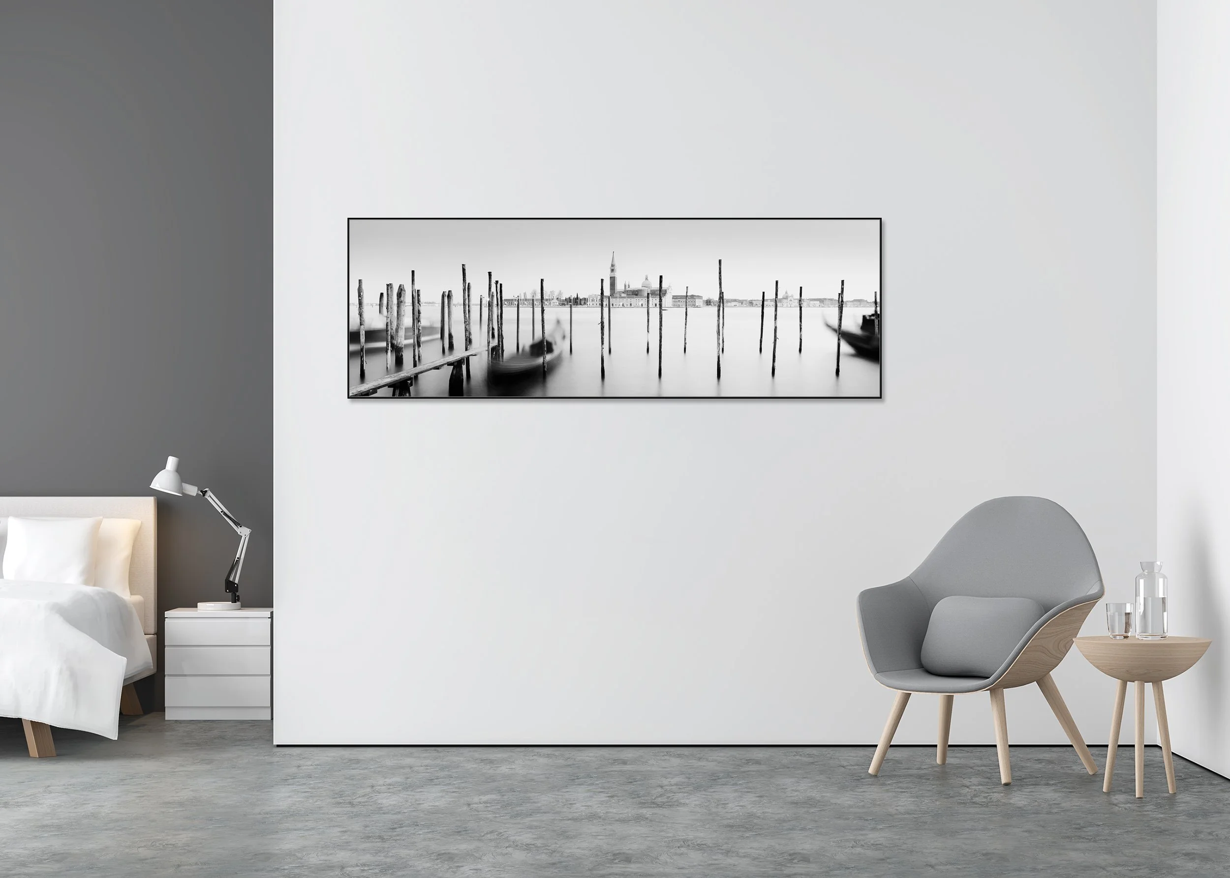 Basilica di San Giorgio Maggiore Panorama by Gerald Berghammer displayed in a contemporary interior in a black aluminium ArtBox frame.