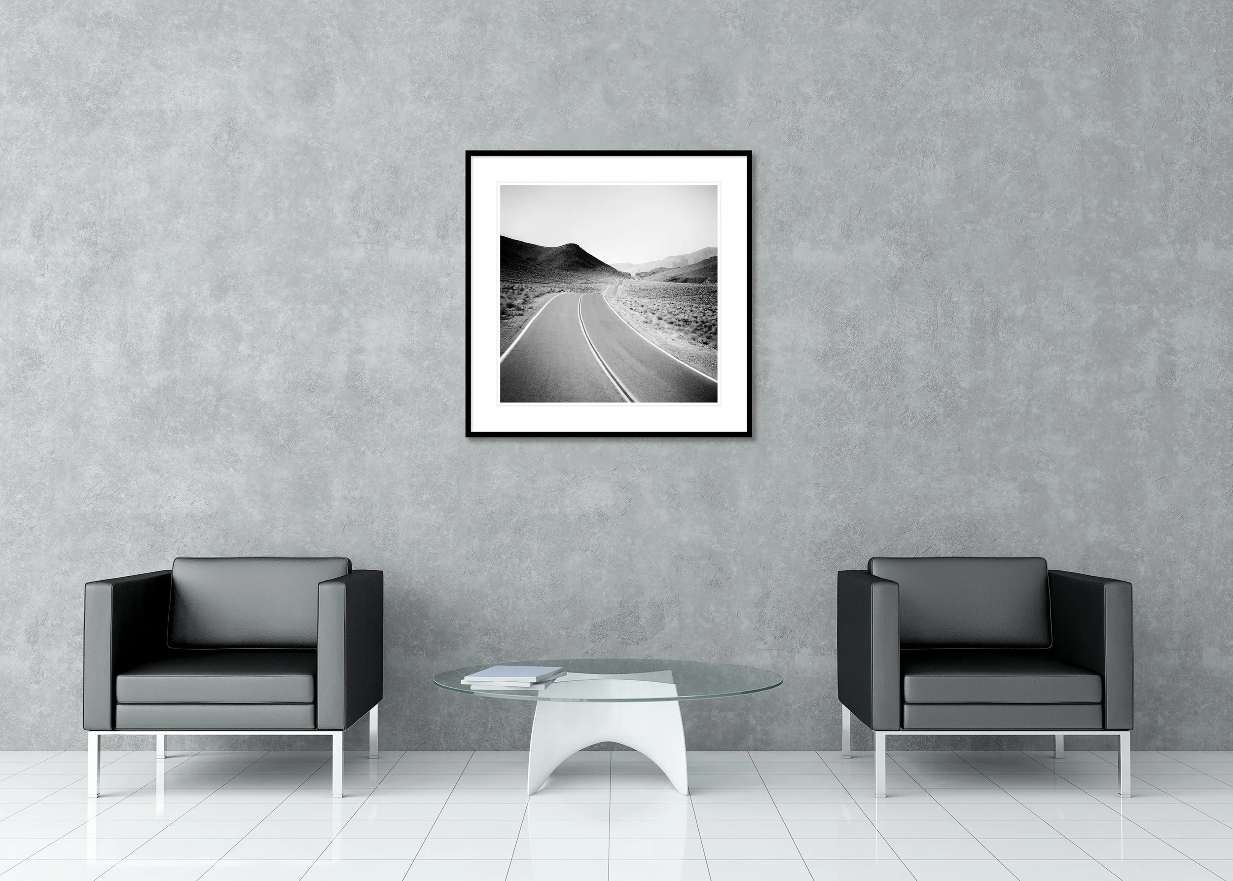 Way to Nowhere, Study 1 – archival pigment print in an aluminium frame with a white mount displayed in a modern interior. Photo by Gerald Berghammer.