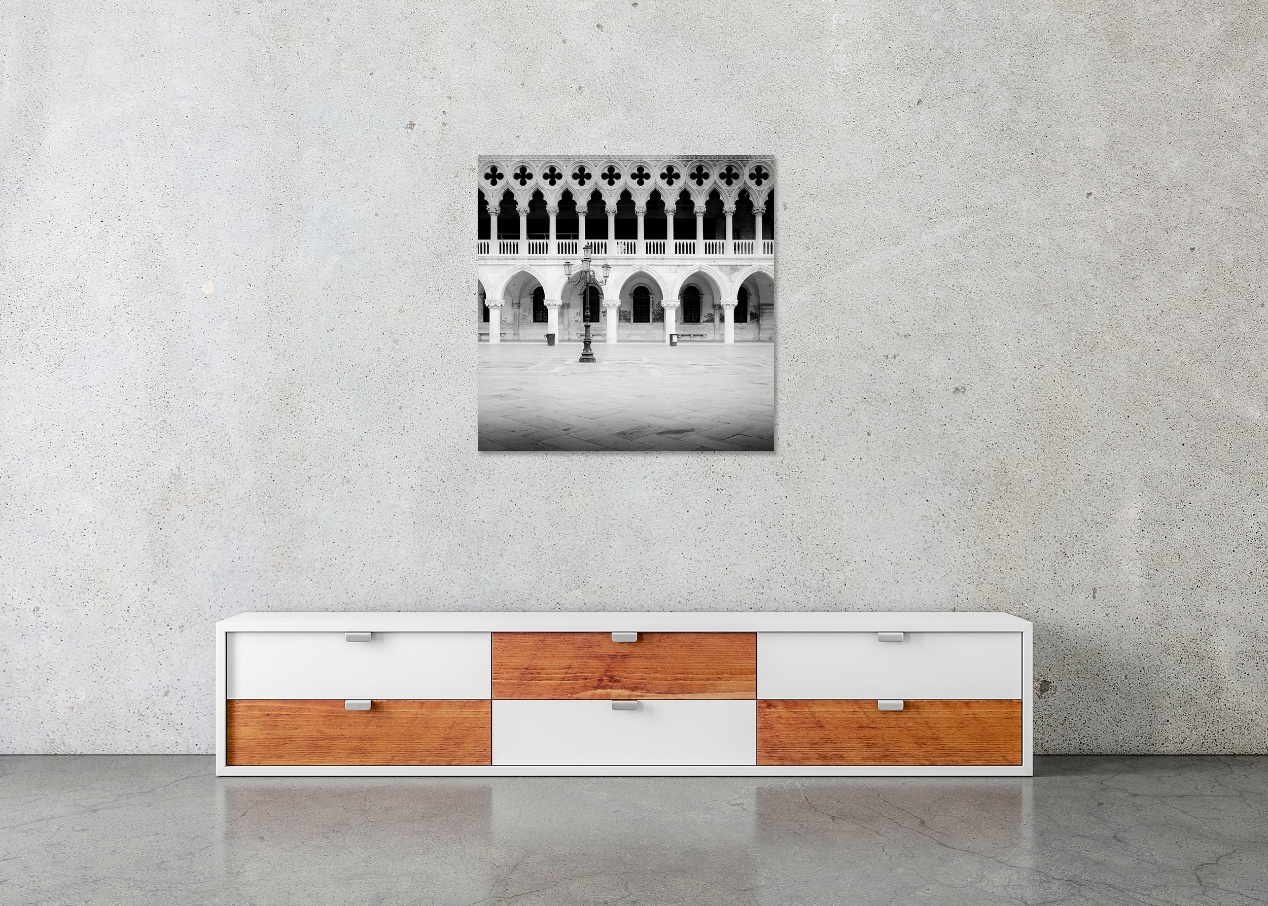 Gothic Facade of Doge’s Palace – Venice, Italy, black-and-white photo print mounted to Dibond, frameless