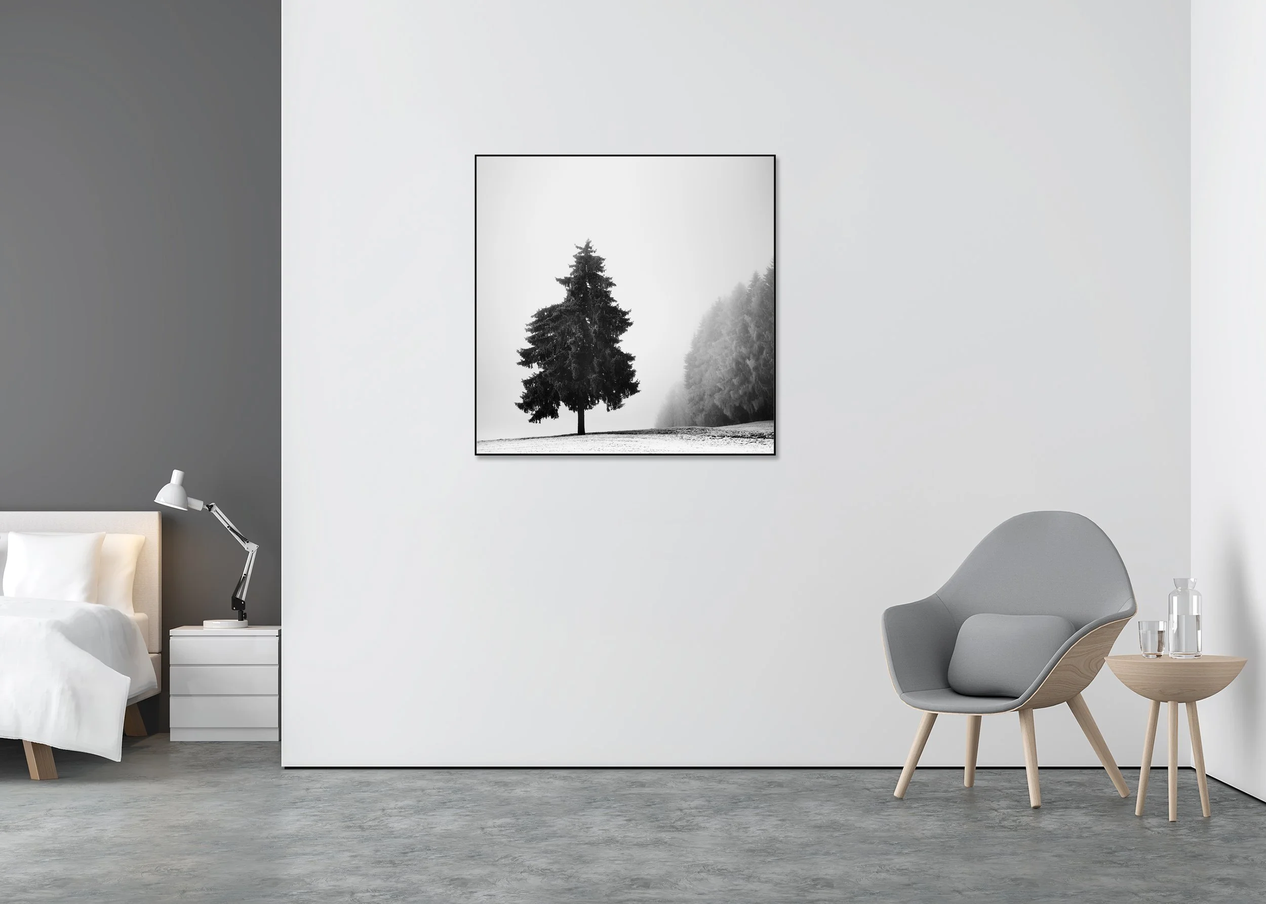 ChromaLuxe metal print in an Aluminium ArtBox featuring a solitary evergreen tree in a snowy winter field with a foggy forest in the background, black and white.