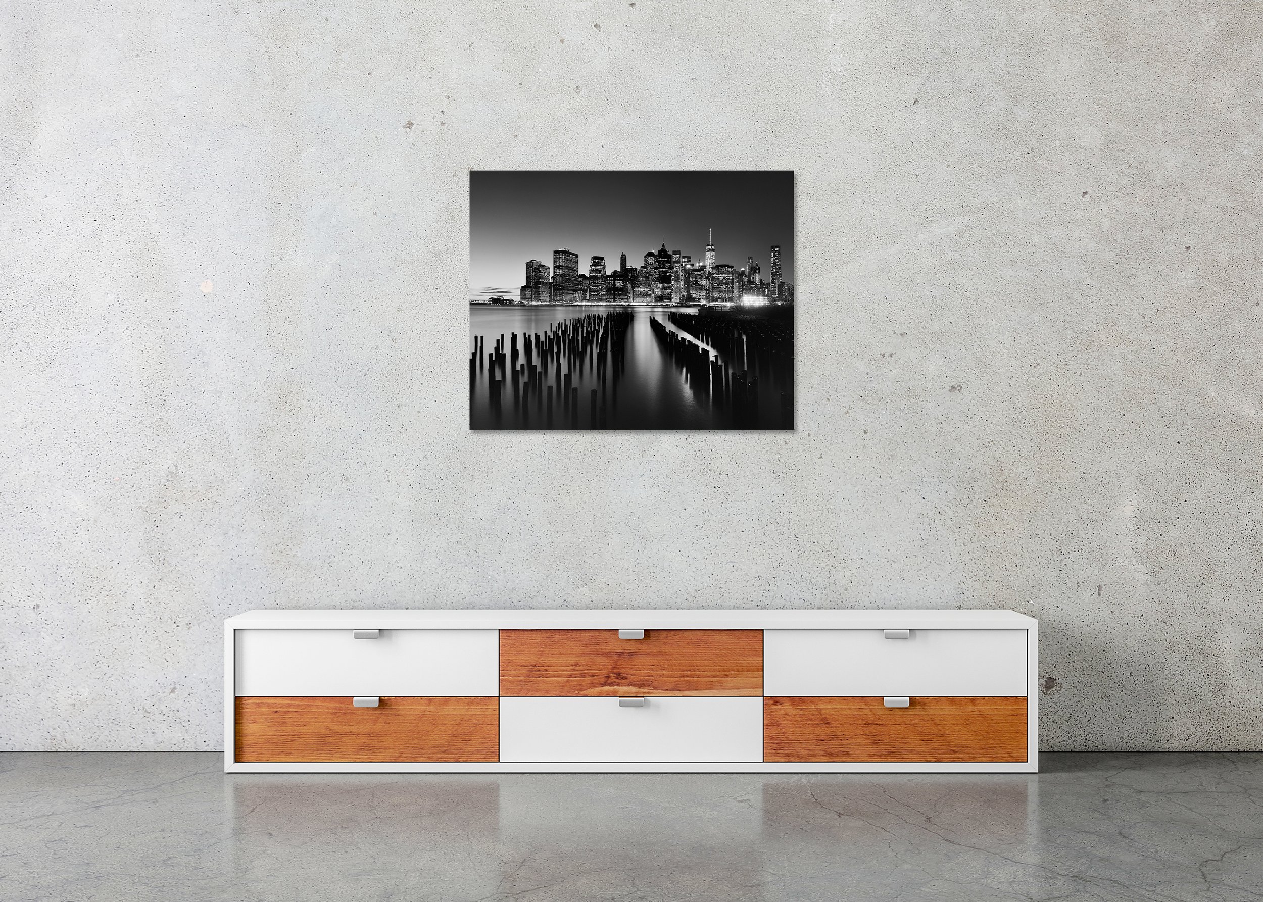 Manhattan Skyline Study 1 by Gerald Berghammer displayed as a frameless Dibond print in a modern interior.