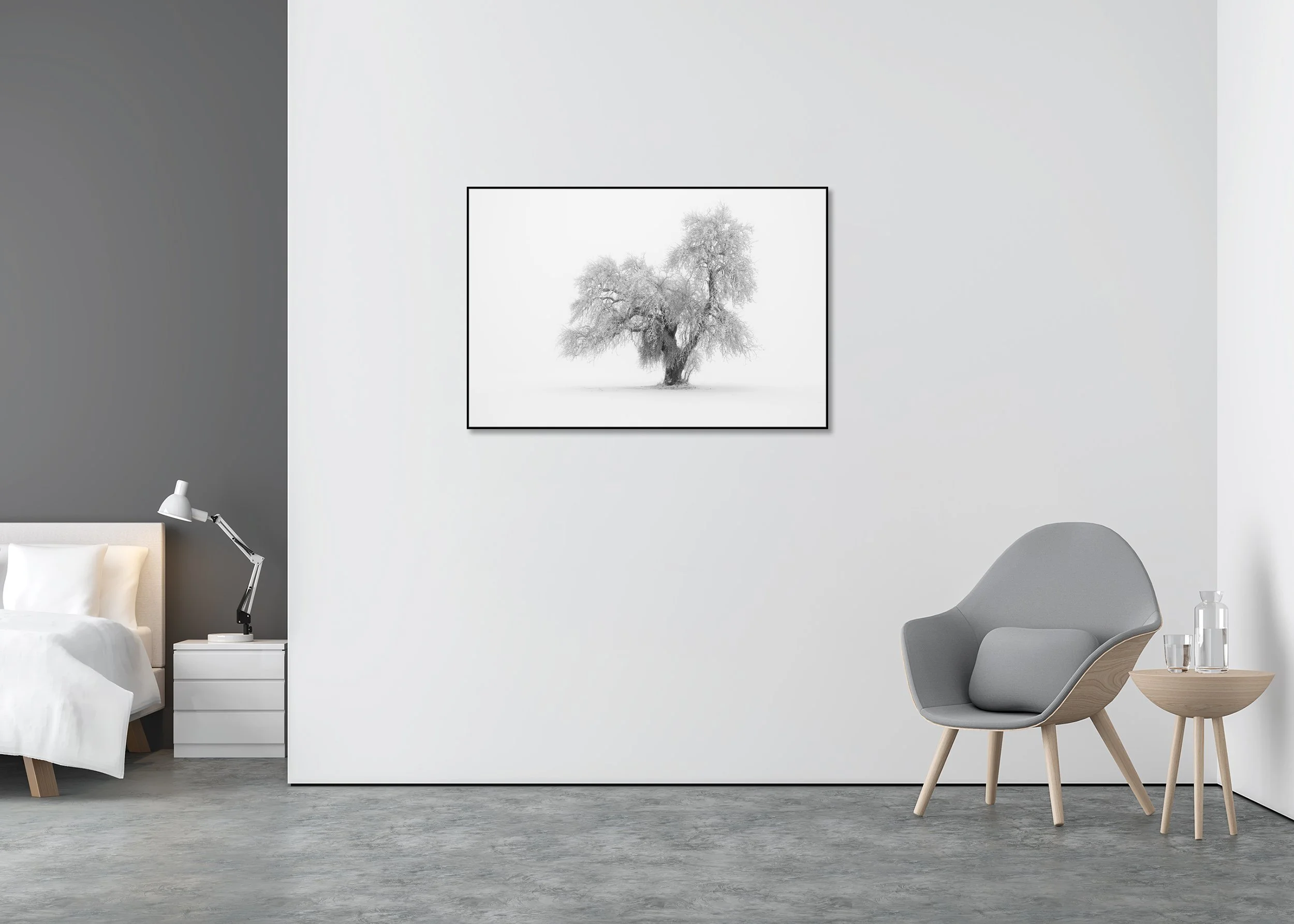 Minimalist Winter Tree Study 1 – Austria displayed as a black-and-white photo print on Dibond in an aluminium ArtBox frame.