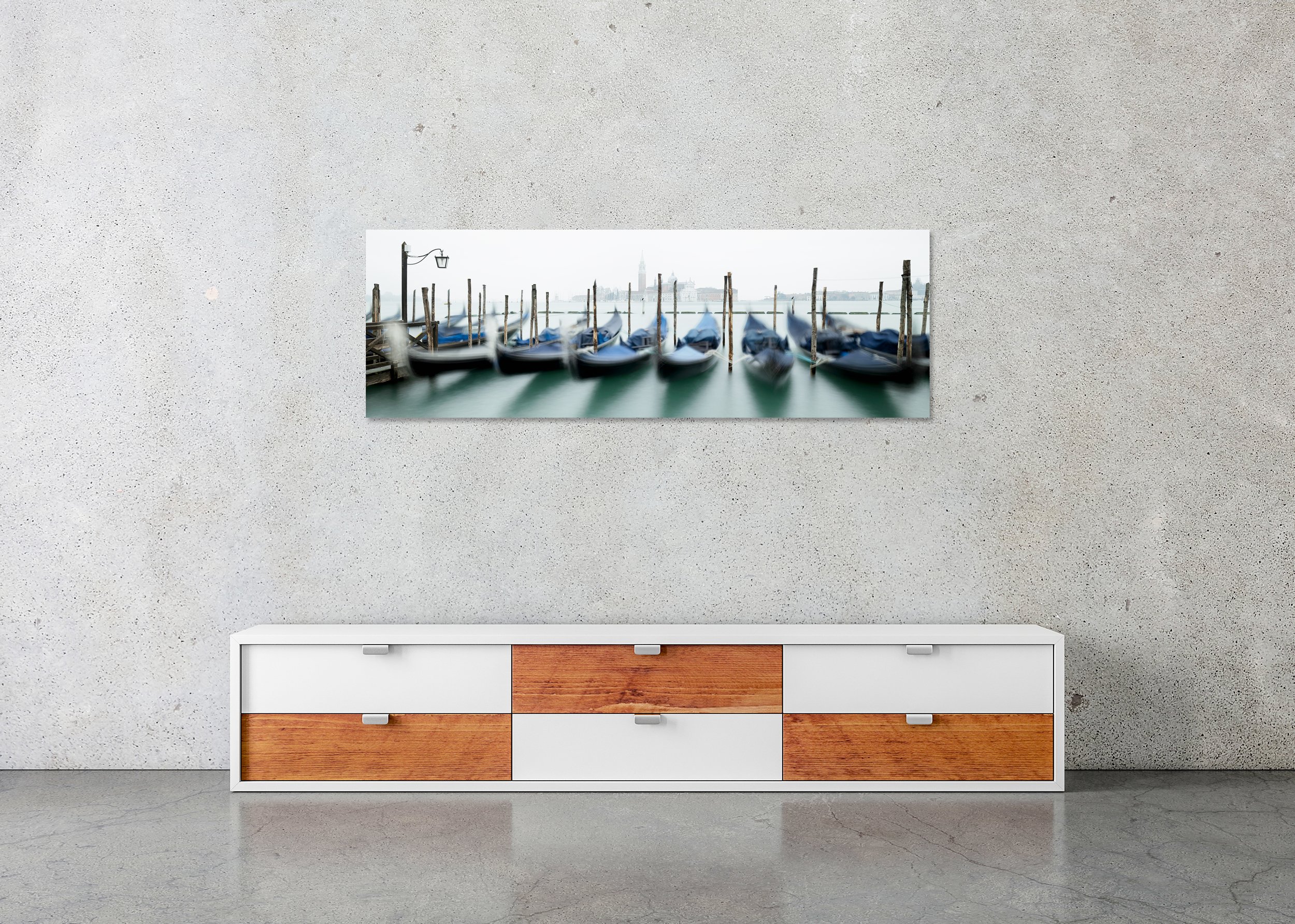 Gondola with San Giorgio Maggiore Study 1 displayed in a modern interior as a frameless colour artwork mounted on aluminium Dibond. Photo by Gerald Berghammer.