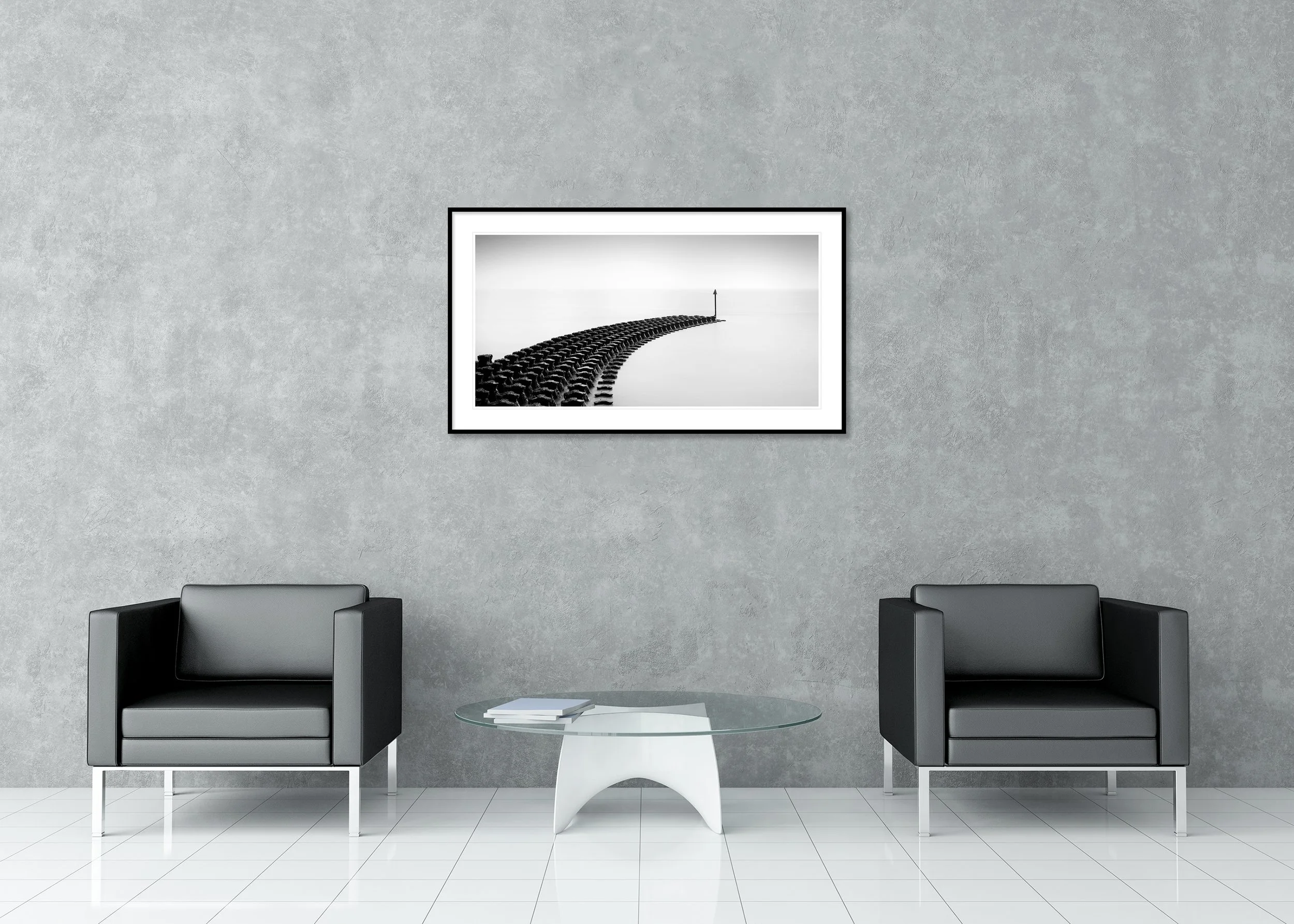 Cobbold’s Point, Panorama Study 1 – black-and-white archival pigment print in an aluminium frame with a white mount displayed in a modern interior.