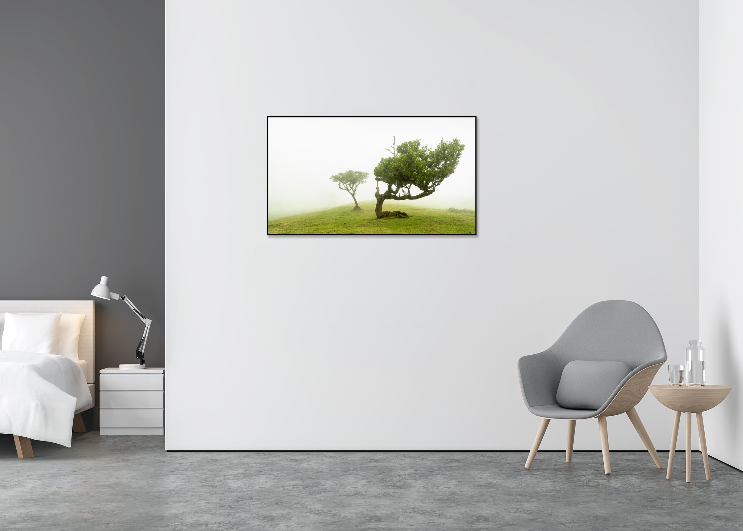 Chromaluxe framed image by Gerald Berghammer showing a misty green hillside with wind-shaped trees emerging from soft fog, presented as contemporary fine art wall décor.