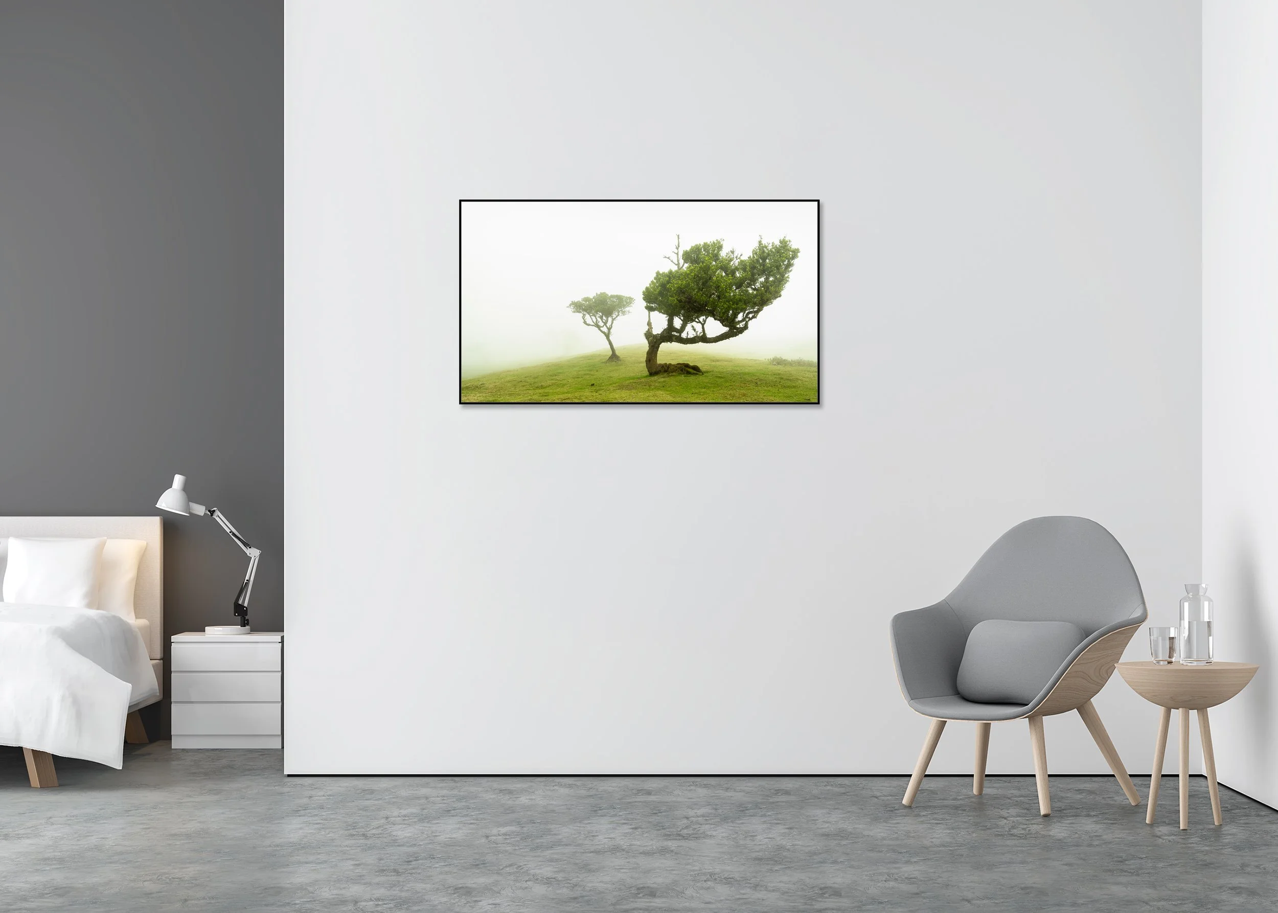 Two wind-bent trees standing on a green hillside surrounded by dense fog in a peaceful natural landscape. ChromaLuxe Metal Print – Aluminium ArtBox