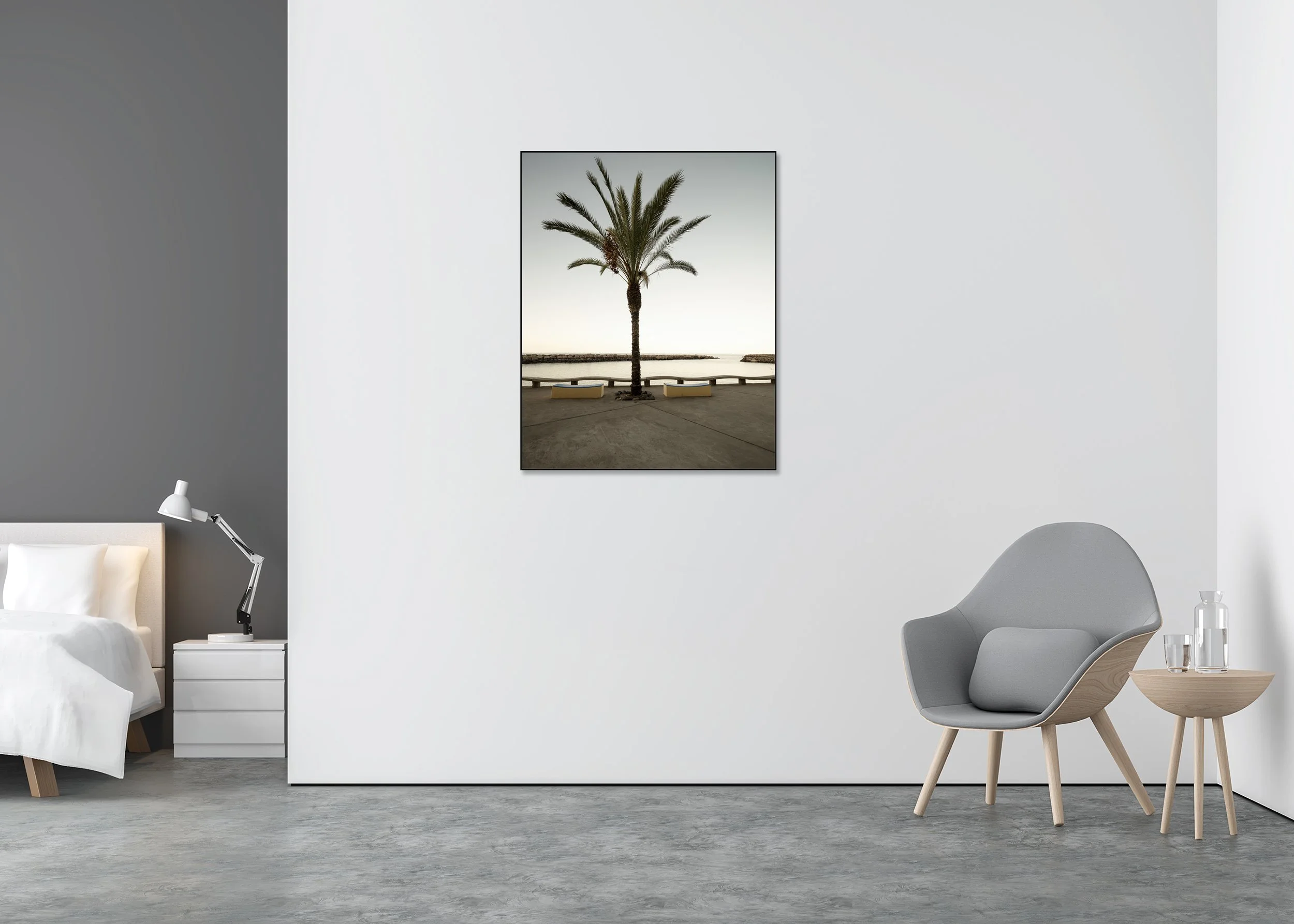 Centred palm tree on a calm seafront promenade with benches and a clear horizon in soft morning light, photo print mounted to Dibond in an aluminium ArtBox.