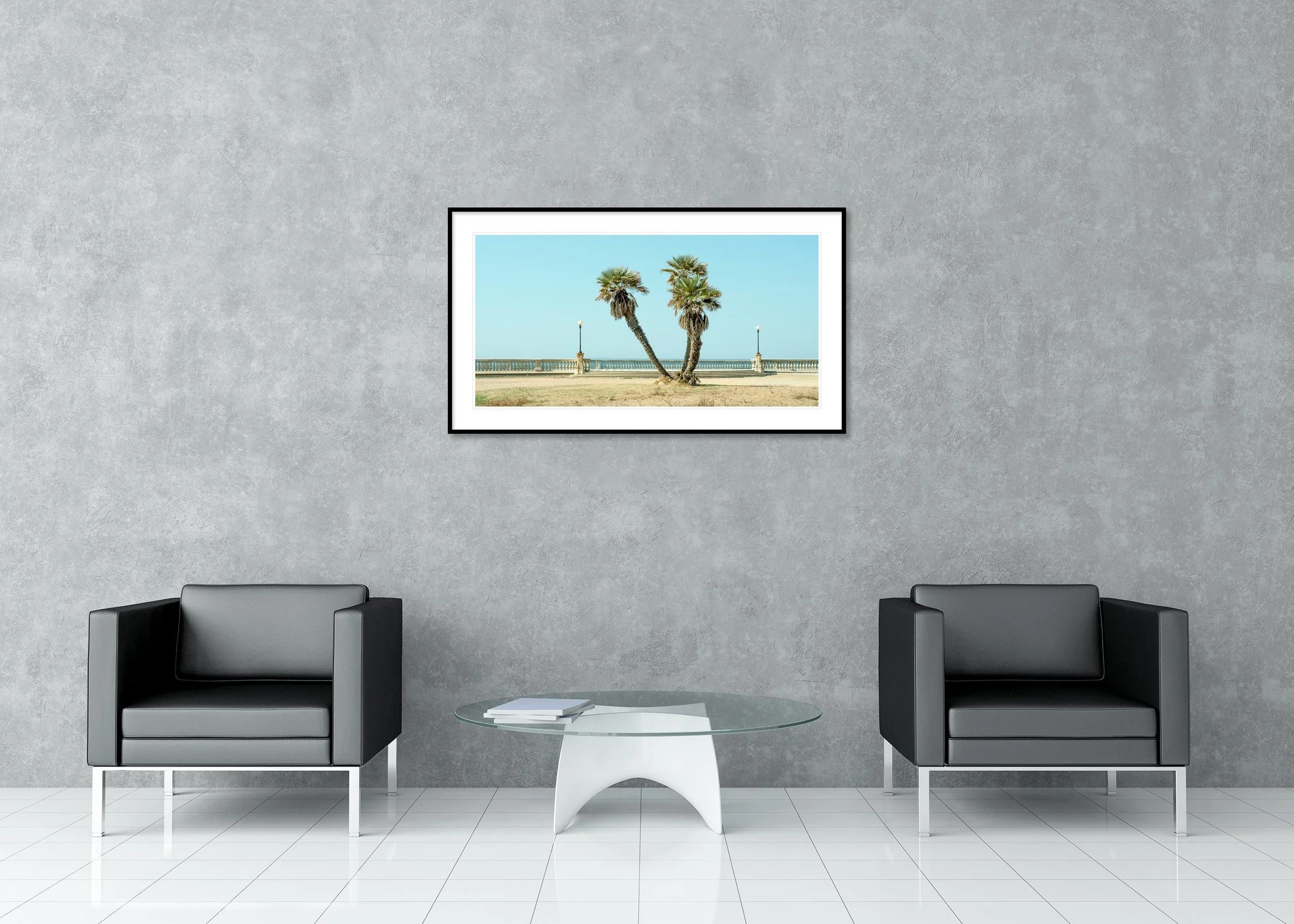 Twin Palms by the Sea – Tuscany, colour archival pigment print in a classic frame with white mount.