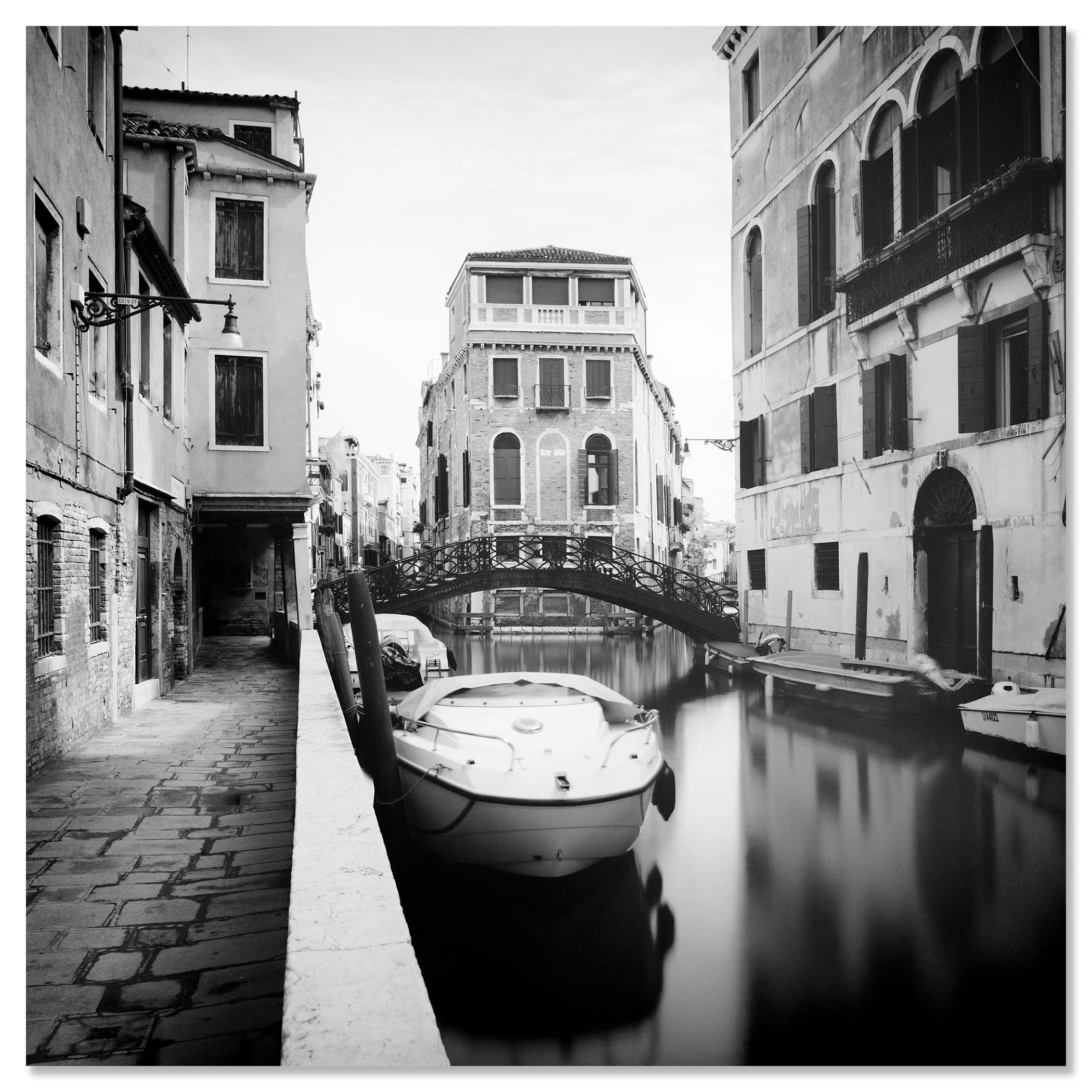 Old Wrought-Iron Bridge – Venice, Italy, black-and-white photograph mounted on frameless Dibond