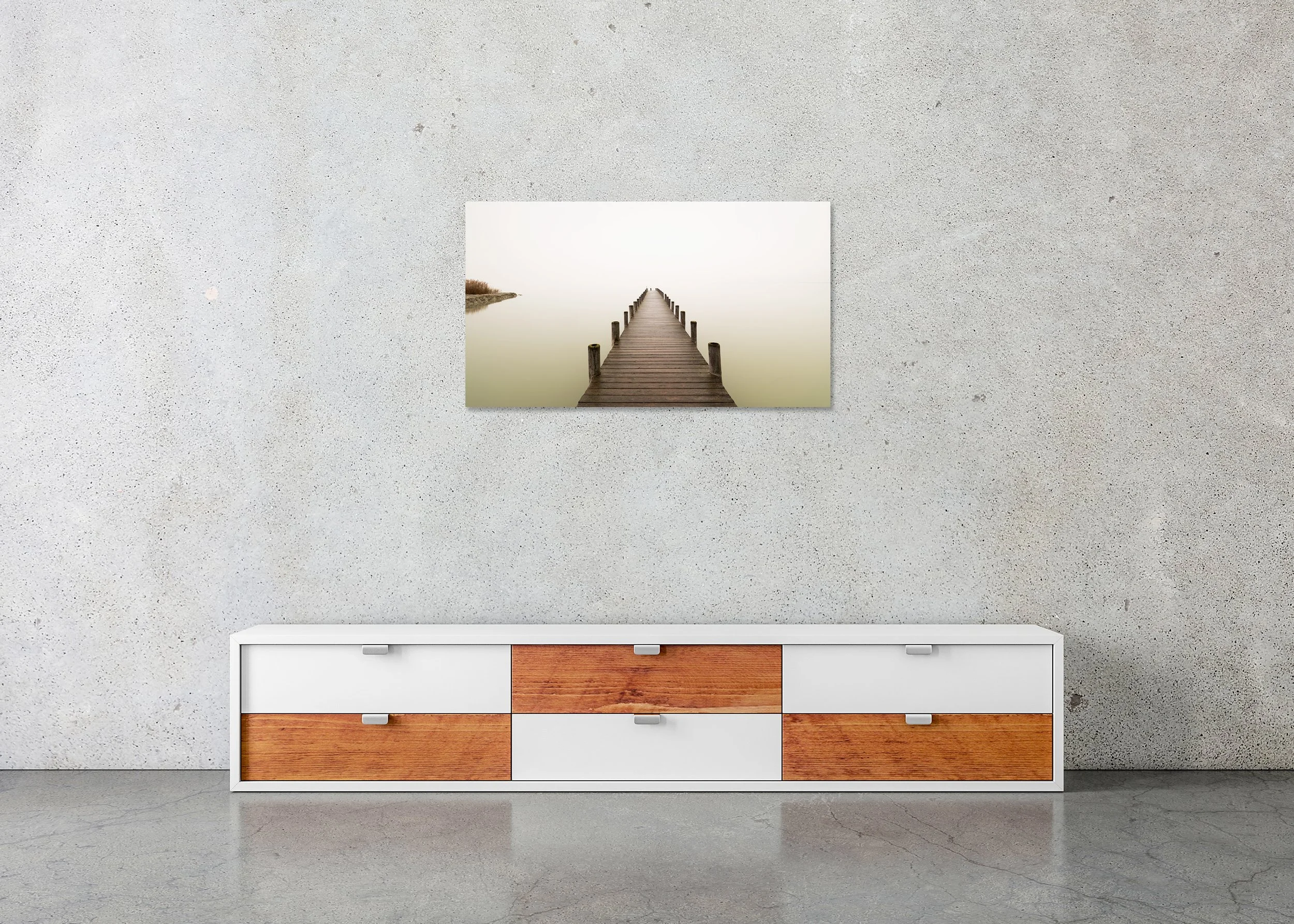 Silent Lake, Panorama Study 1 – frameless ChromaLuxe aluminium print displayed above a low cabinet.
