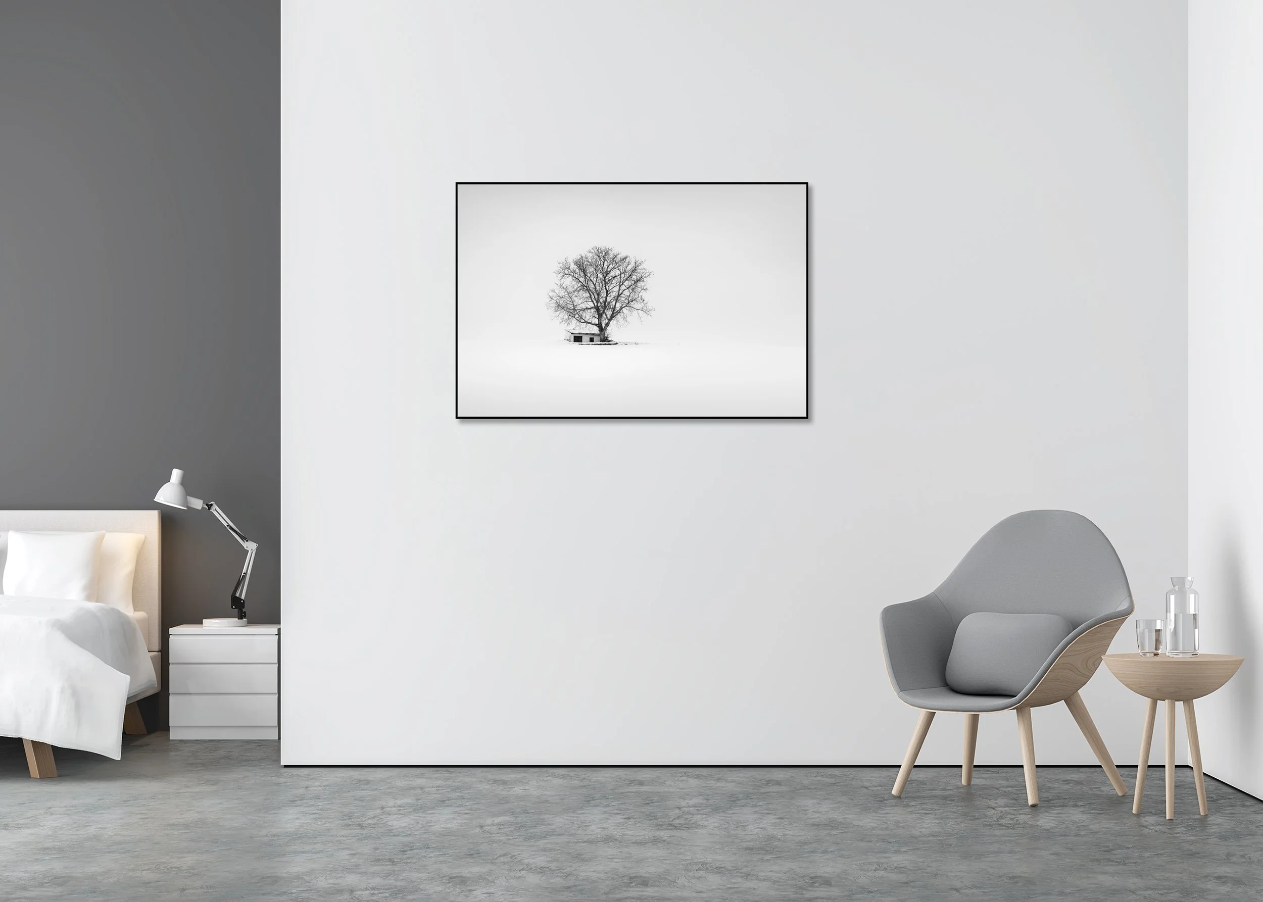 Wine Press House Winter Study 2 displayed in a modern interior, mounted on aluminium Dibond in a black ArtBox frame by Gerald Berghammer.