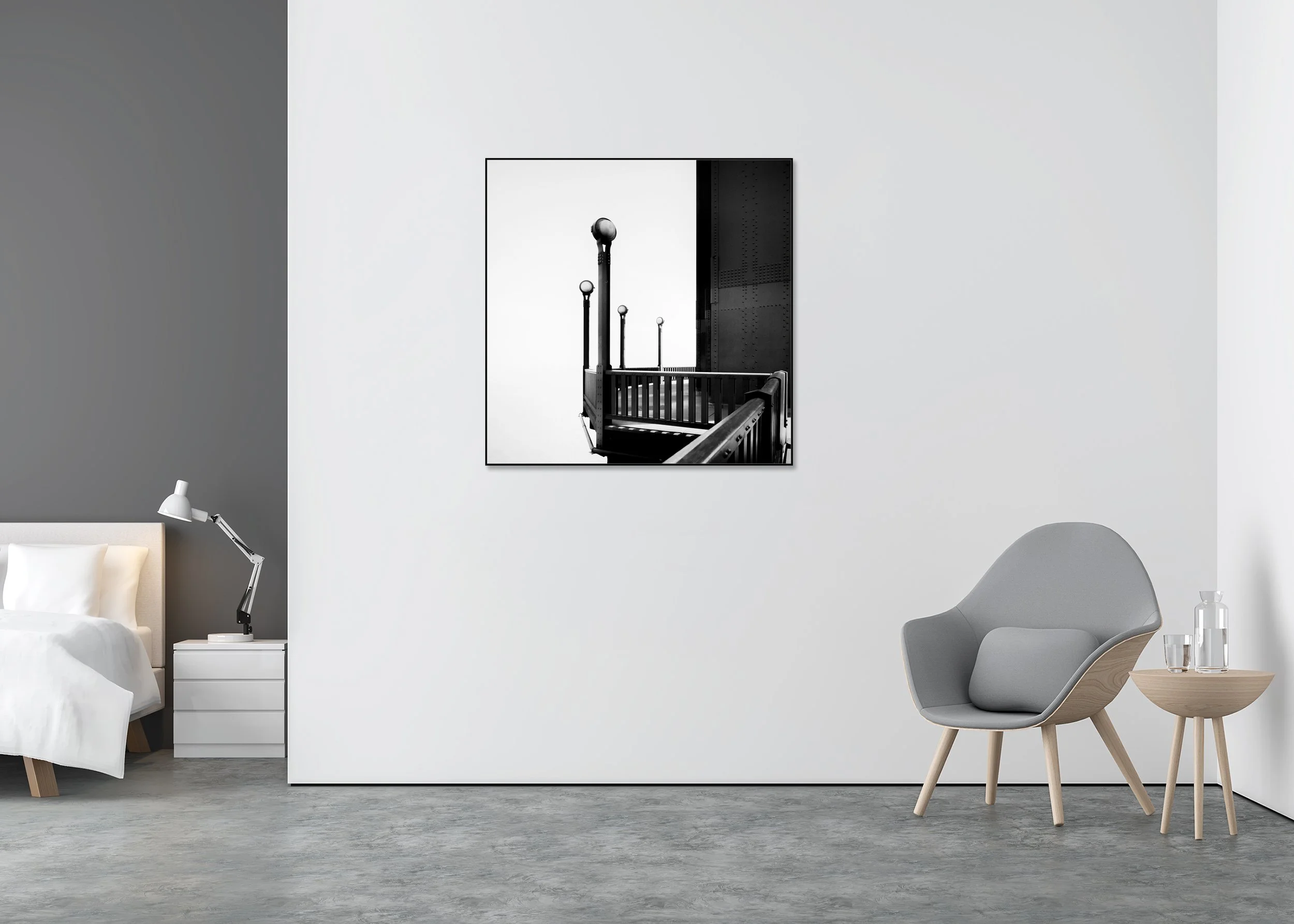 Golden Gate Study 9 displayed in a minimalist bedroom as a black-and-white aluminium Dibond print in a black ArtBox frame by Gerald Berghammer.