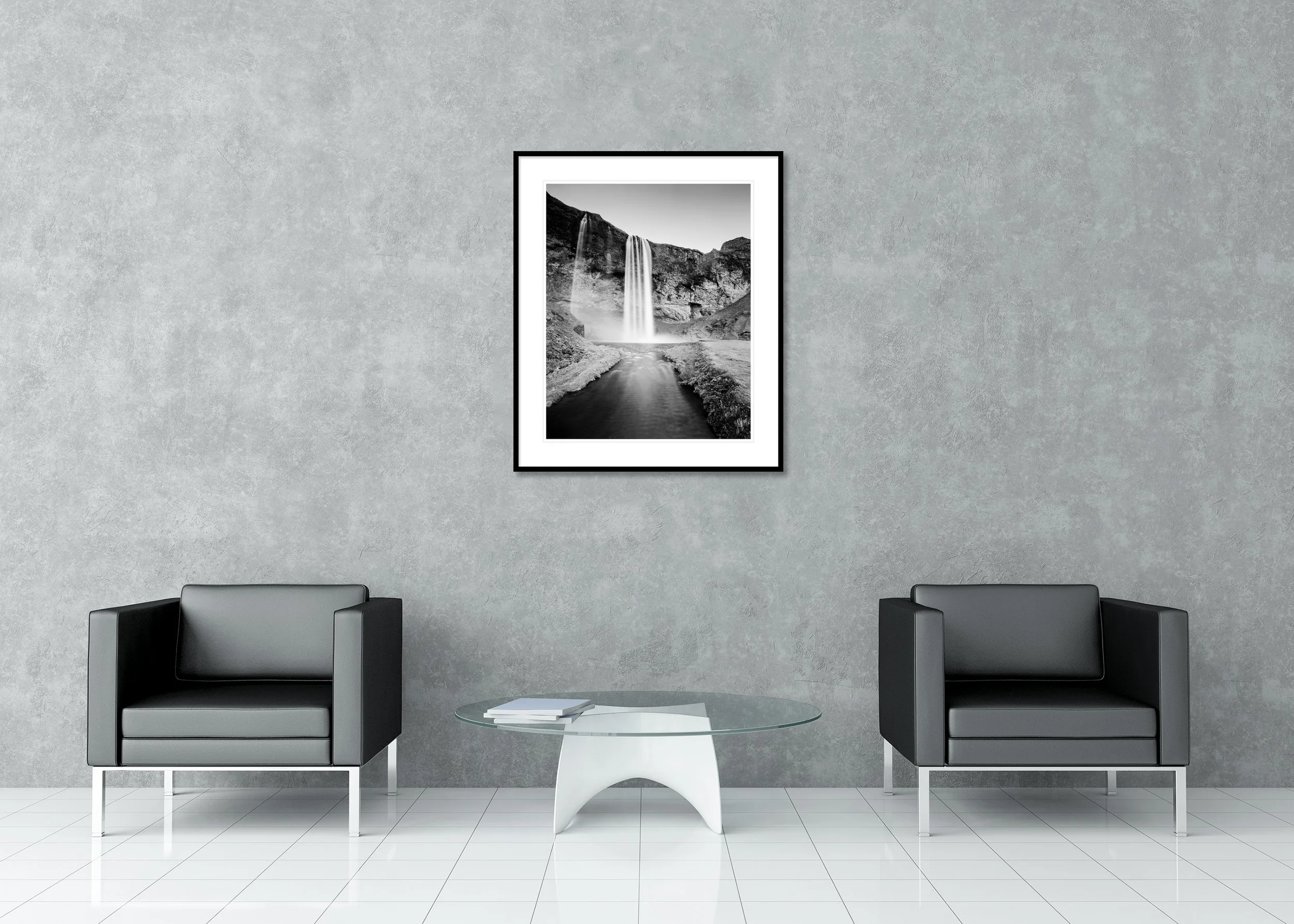 Seljalandsfoss Study 1 displayed in a modern interior as an archival pigment print in a black aluminium frame with white mount by Gerald Berghammer.