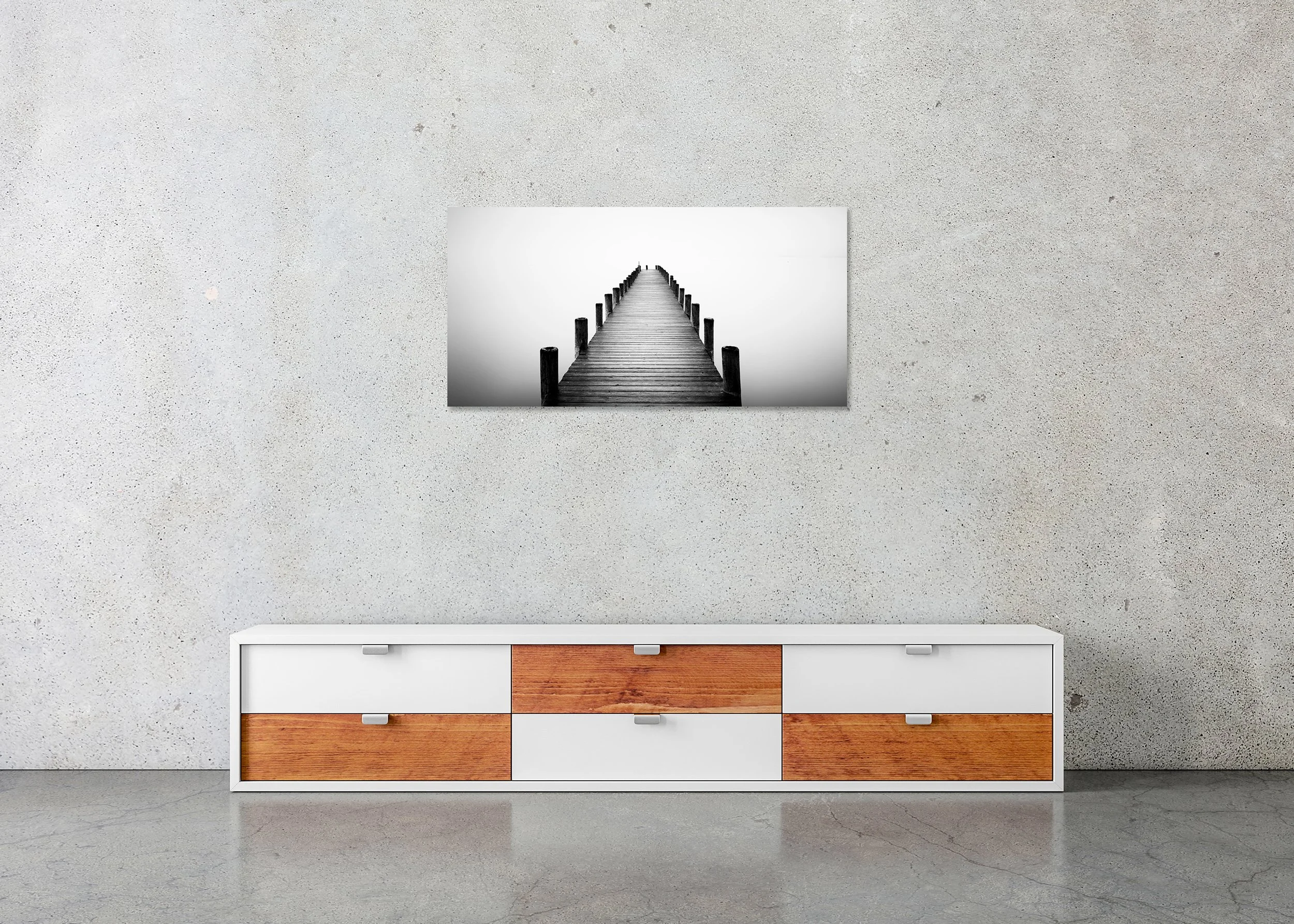Minimalist black and white photo print of a long wooden jetty in the mist, mounted to Dibond, frameless