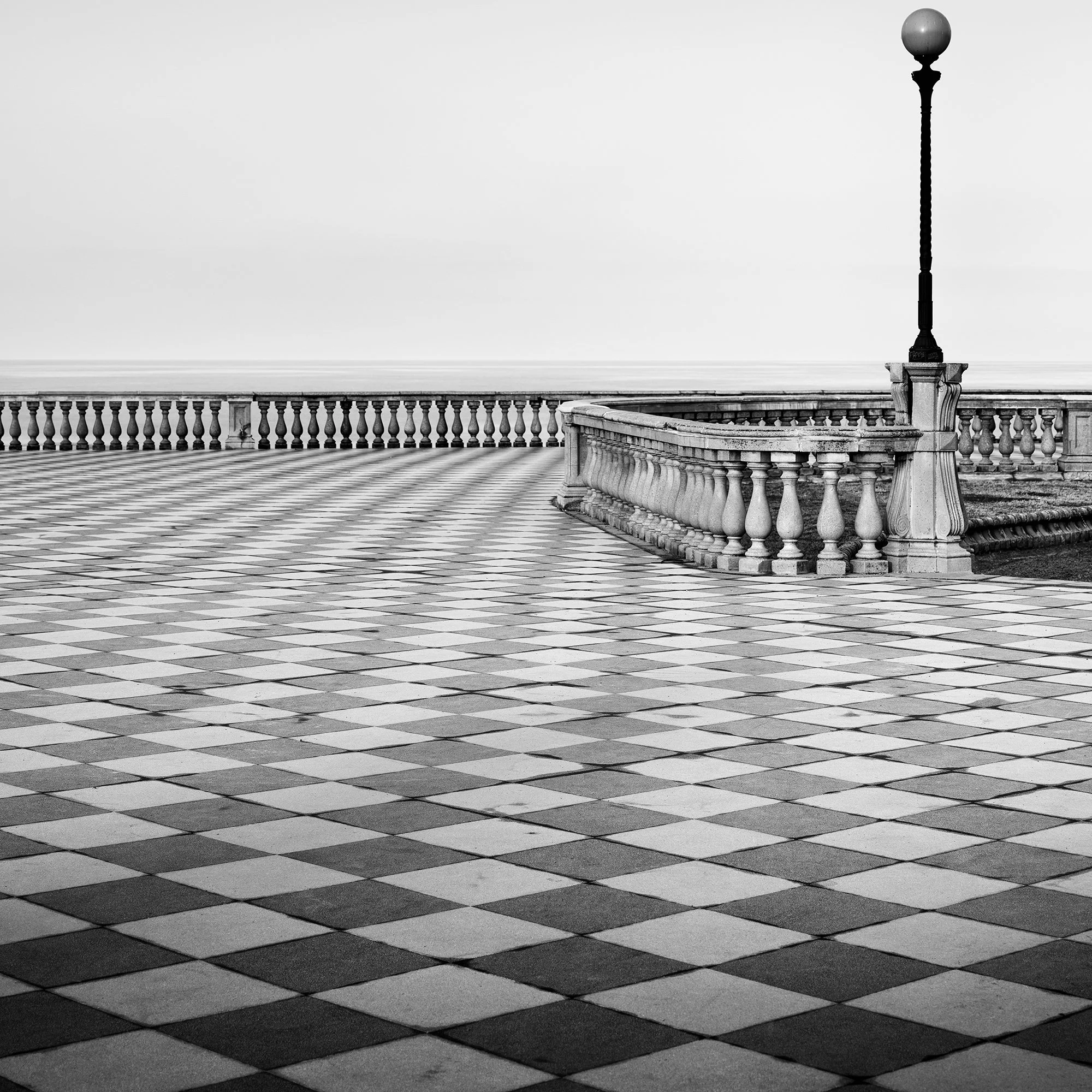 Detail of Terrazza Mascagni Study 1 by Gerald Berghammer, black-and-white fine art photograph of the Livorno seafront in Tuscany, Italy.