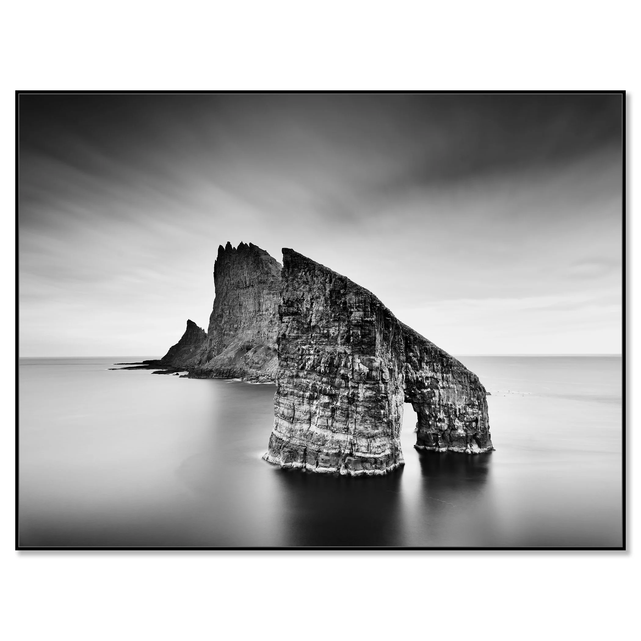 Drangarnir, Sea Arch Study 2 – Faroe Islands, black-and-white photograph in a black aluminium ArtBox frame