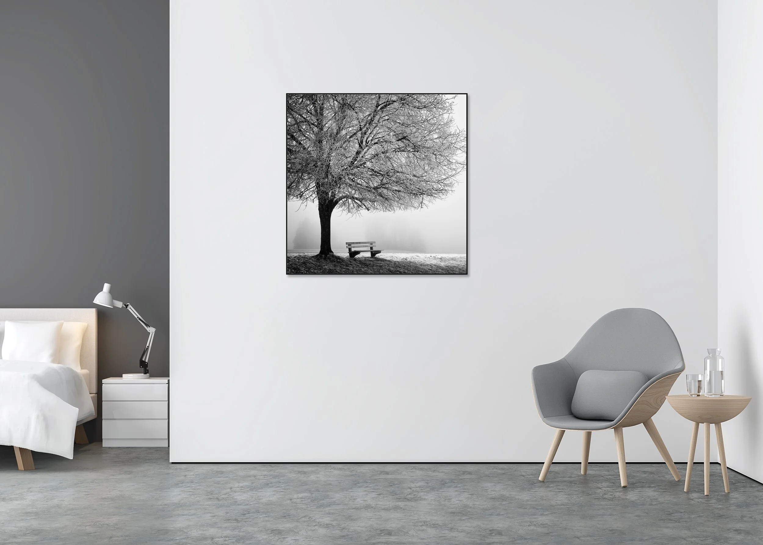 Cold Foggy Winter Morning Study 1 displayed in a modern interior as a black-and-white Dibond print in a black aluminium ArtBox frame by Gerald Berghammer.