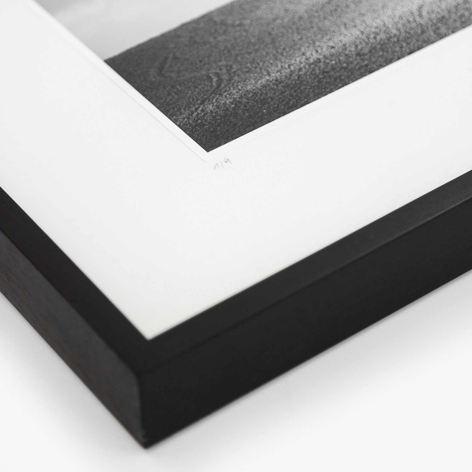 Close-up of the black-and-white cypress photograph, natural-white archival mount and dark-brown frame by Gerald Berghammer.