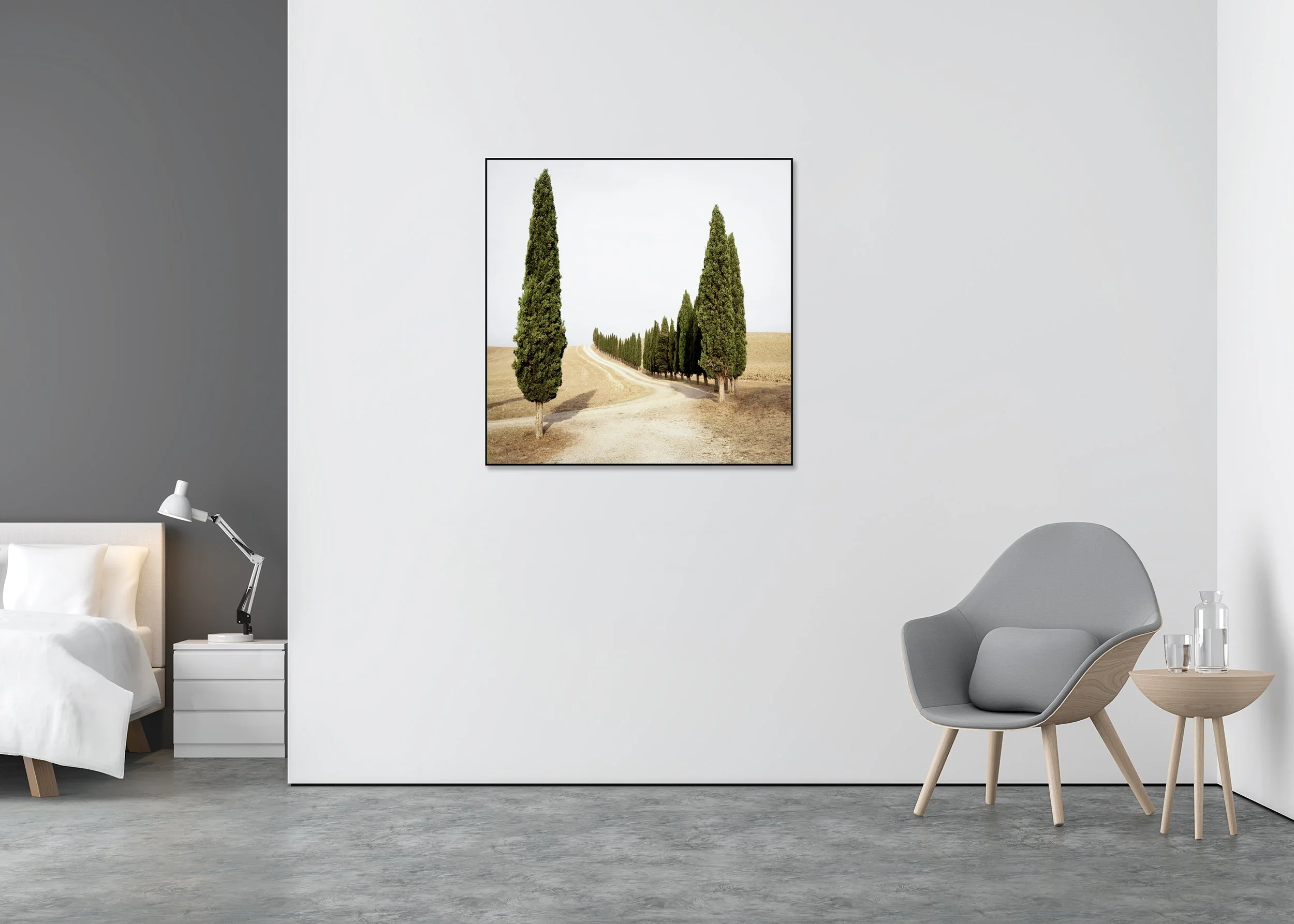Road with Cypress Trees, Study 1 – colour photograph in a black aluminium ArtBox displayed in a minimalist bedroom.