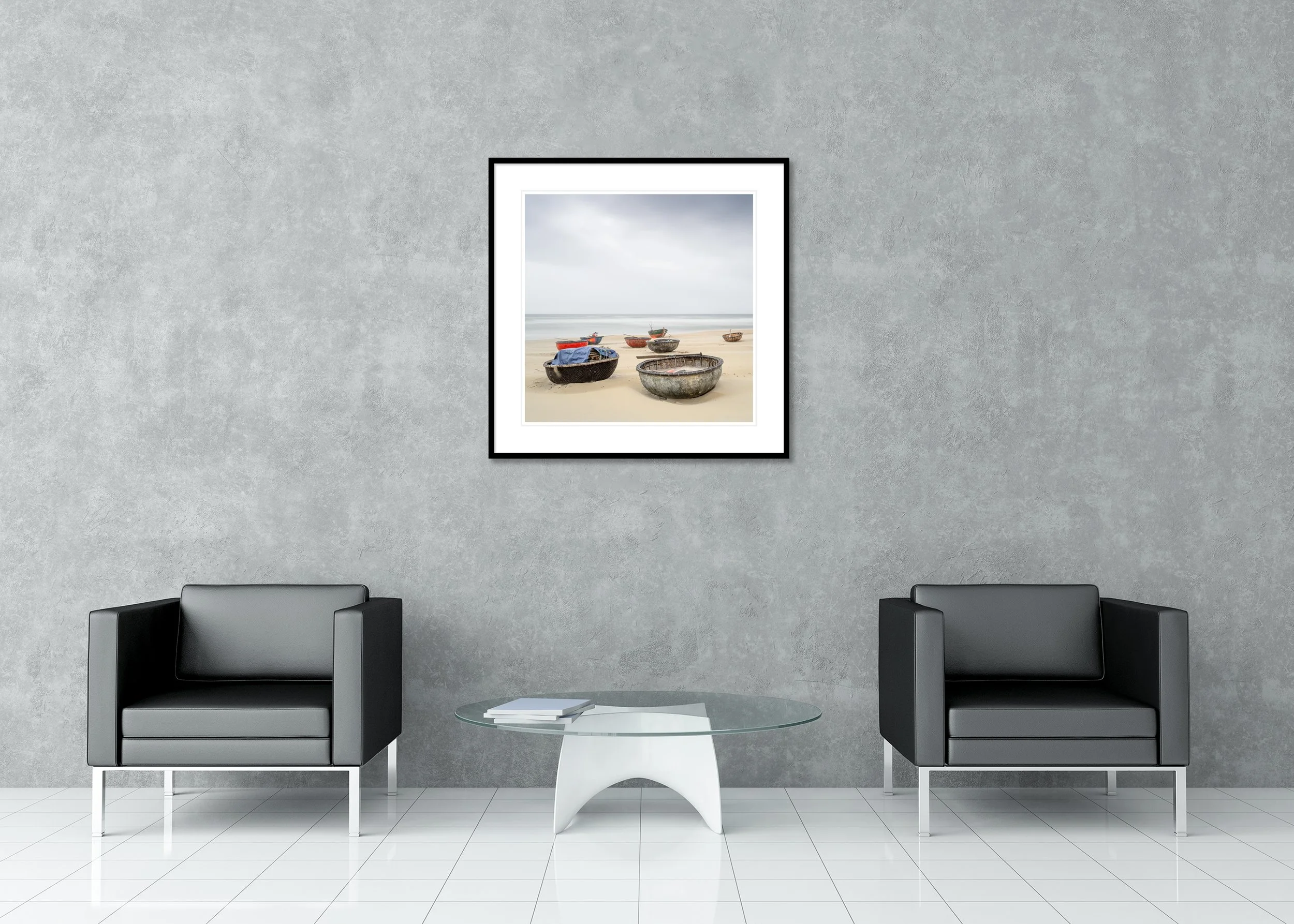 Coconut Boat Study 1 displayed in a modern interior as an archival pigment print in an aluminium frame with a white mount. Photo by Gerald Berghammer.